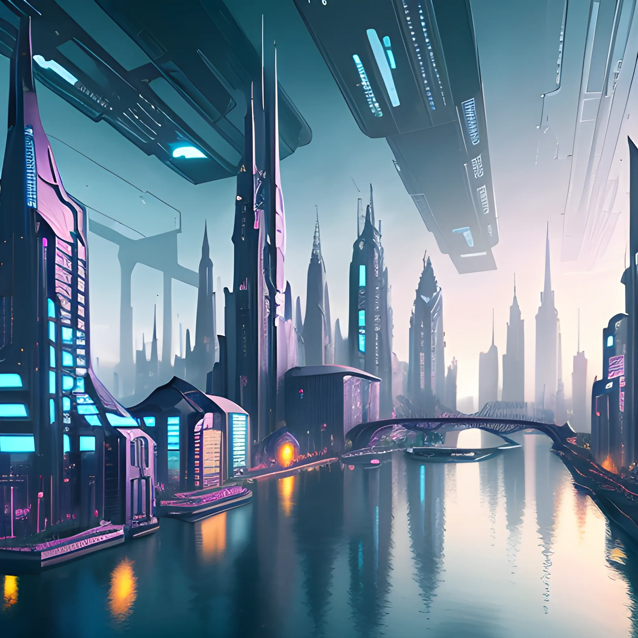 Main space city with spire style buildings, cyberpunk style blue tones, cityscape of bridges and canals, surreal, ultra high quality