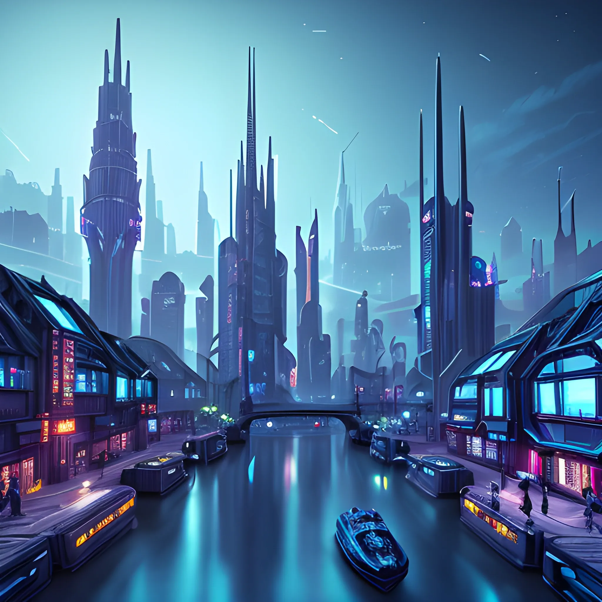 Main space city with spire style buildings, cyberpunk style blue tones, cityscape of bridges and canals, surreal, ultra high quality, Trippy