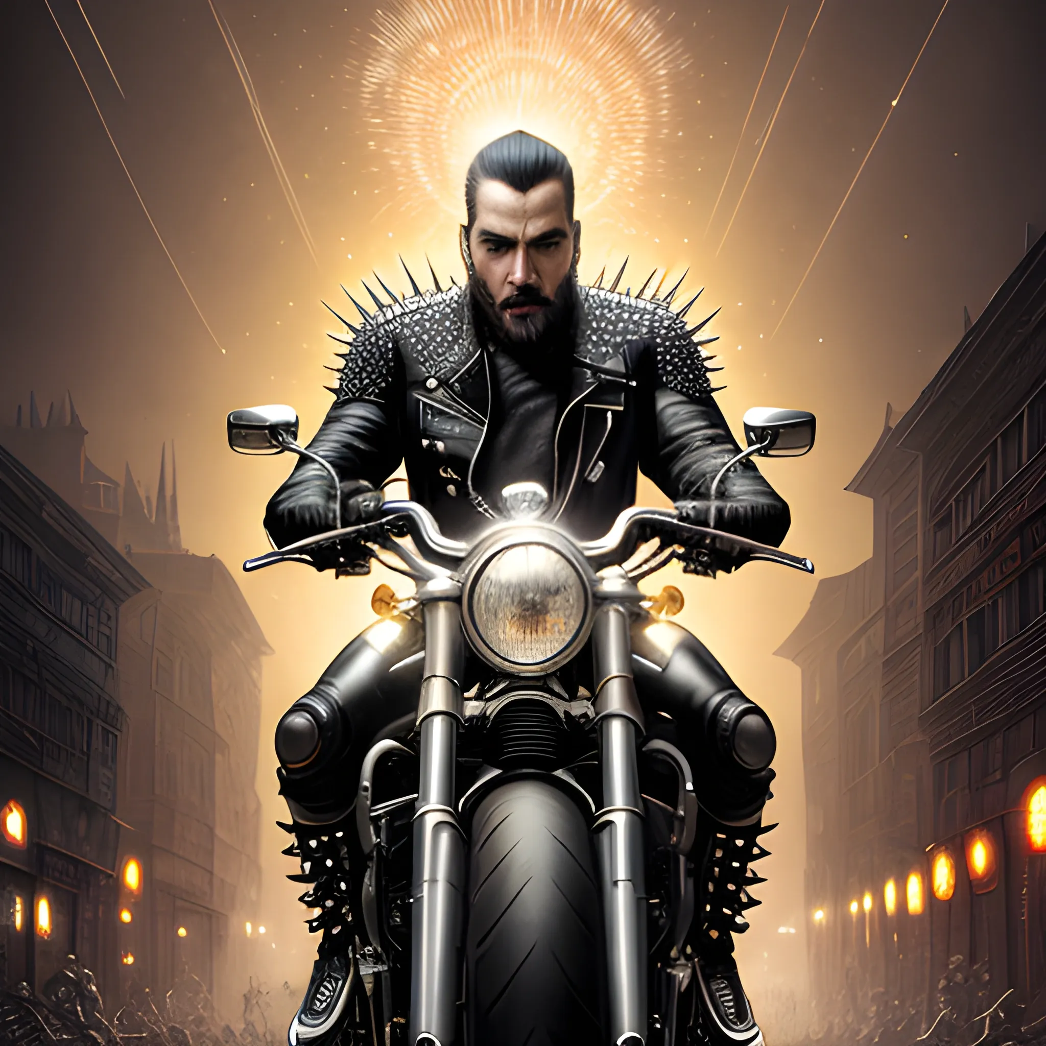 a biker man with a handsome highly detailed face, wearing leather and spikes, surrounded by luminous colorful sparkles, by Stephen Gammell, Jordan Grimmer, Zdzislaw Beksinski, Ferdinand Knab; Eldritch, dynamic lighting, hyperdetailed, deep color, Unreal Engine 5, Intricate, Elegant, Scenic, Hyper-Realistic, Hyper-Detailed, 16k