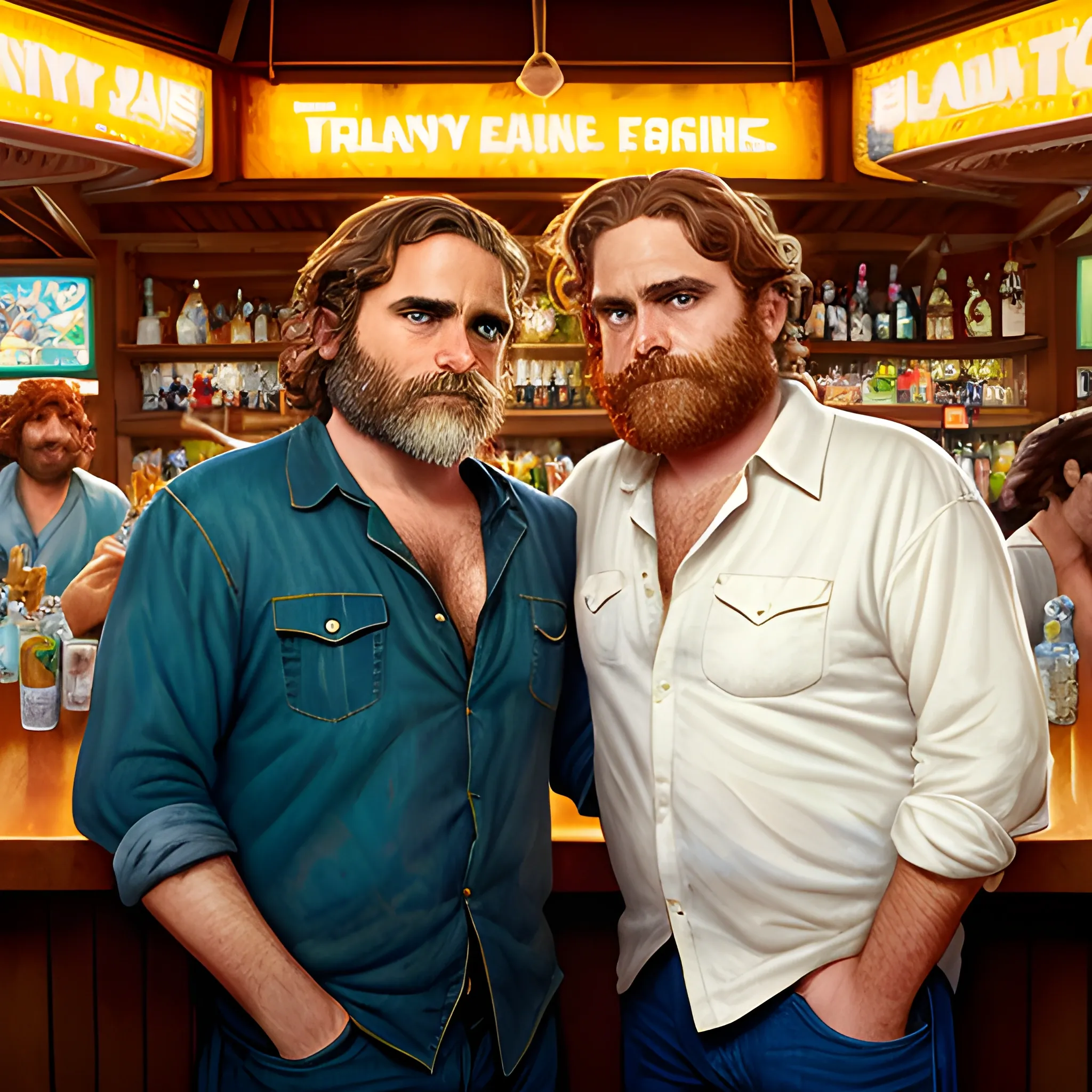 Joaquin Phoenix and Zach Galifianakis at a tropical bar, highly detailed faces, modern American; by Lisa Frank, Daniel Gerhartz, Phil Noto art, Mucha, Manara; hyper-detailed, hyper-realistic, sharp focus; symmetrical face; textured shading, subtractive lighting, Unreal Engine