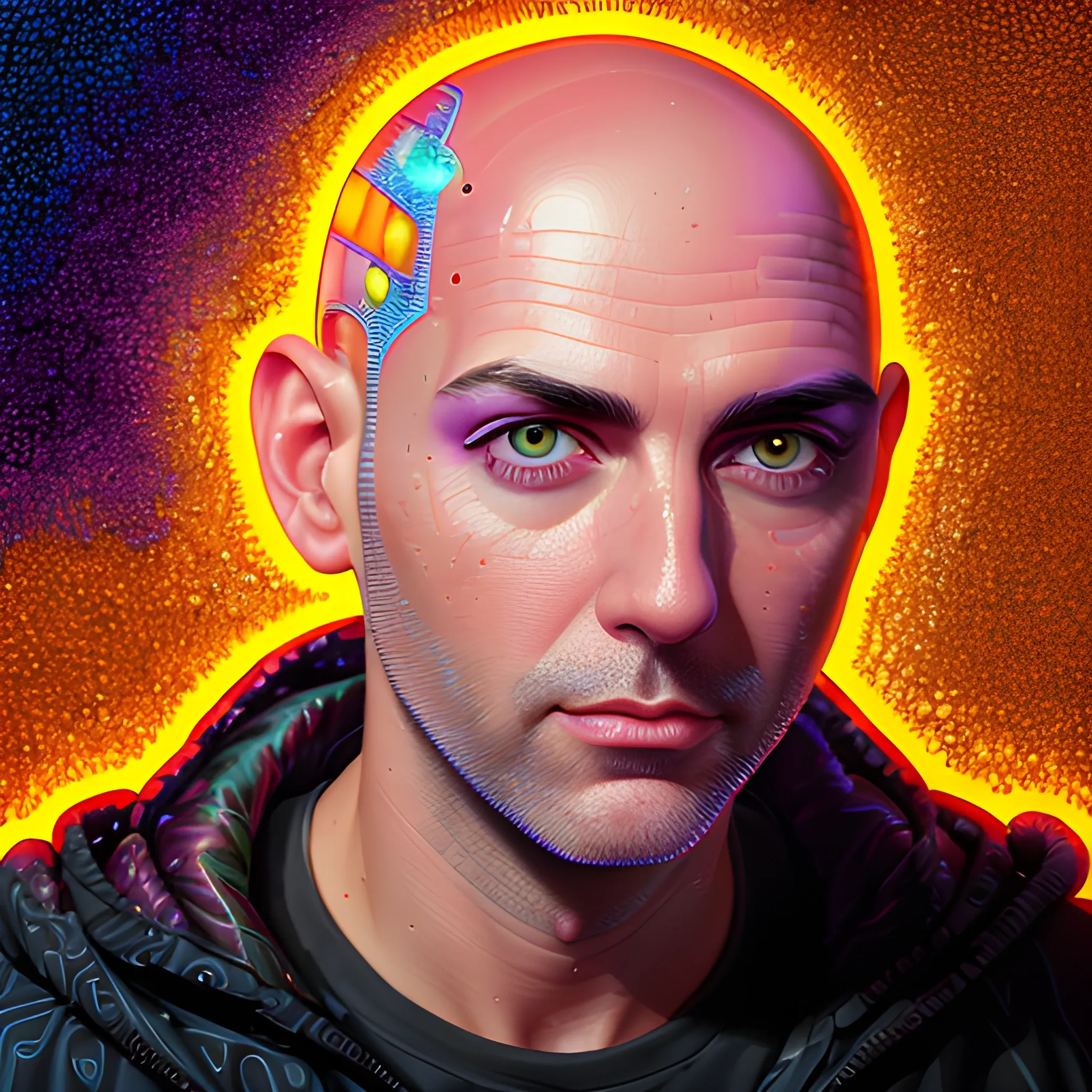 hyperdetailed oil on canvas, Ed Kowalczyk, striking eyes, his handsome perfect, precisely detailed face, bald head, orange pink purple, luminous colorful sparkles, James R. Eads, Gawki, rajewel, Tania Rivilis, Dan Mumford, glitter, airbrush, Octane Render, volumetric lighting