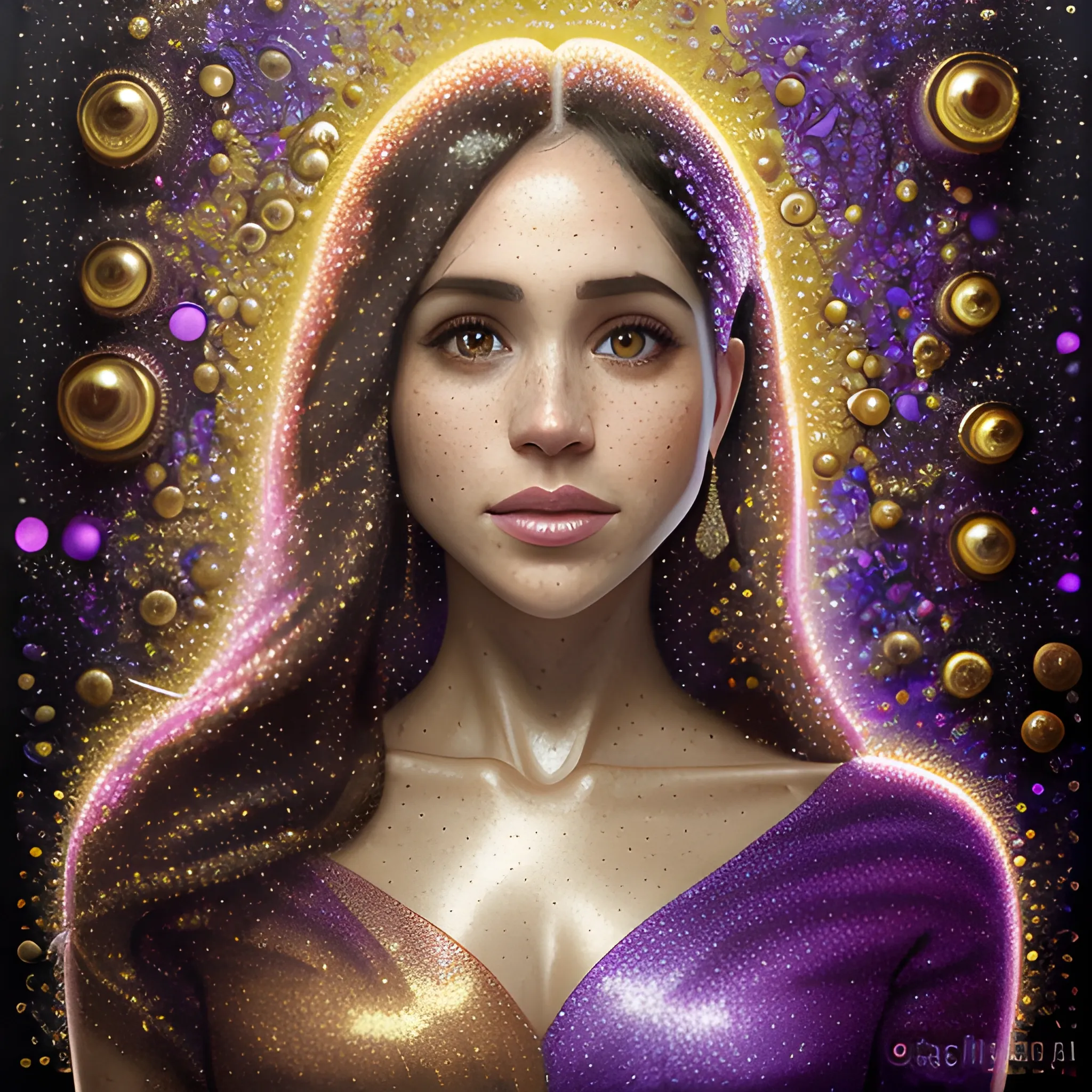 hyperdetailed oil on canvas, beautiful Meghan Markle, beautiful brown gold speckled eyes, her perfect, softly freckled, precisely detailed face, multi-hued dark hair, purple blue pink luminous color sparkles; Aja Trier, James R. Eads, Gawki, rajewel, Tania Rivilis, glitter, airbrush, Octane Render, volumetric lighting