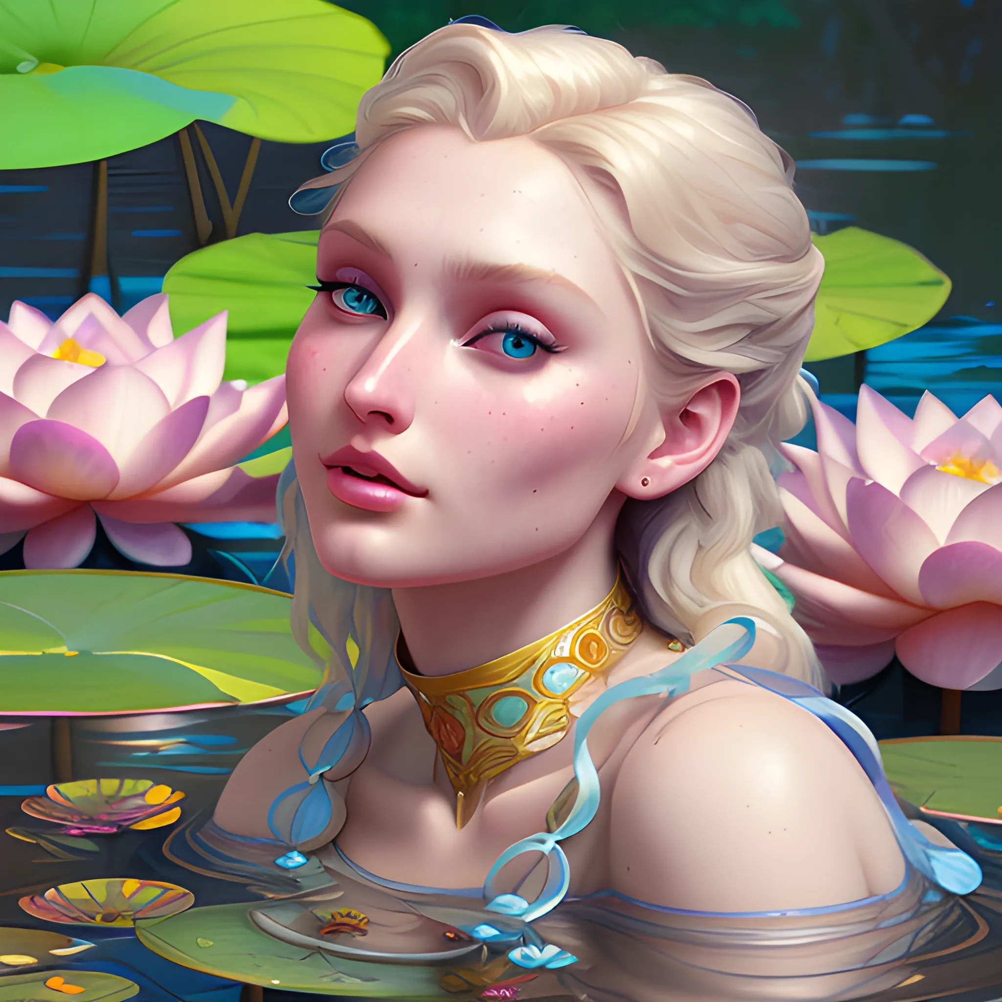 Elsa Hosk at a lotus pond; highly detailed beautiful face; glitter, renaissance; high contrast, pastel, sorbet, pearlescent, Unreal Engine 5; by Dan Parent, Alphonse Mucha, Artgerm, WLOP, intricately detailed, fantasy, bizarre, beautiful, Chromolithography, Soft Shading, Unreal Engine; digital painting, smooth, sharp focus, illustration, art by lisa frank, Steve Goad, Frank Frazetta, William-Adolphe Bouguereau, Unreal Engine 5, Cartoon, 3D, Oil Painting