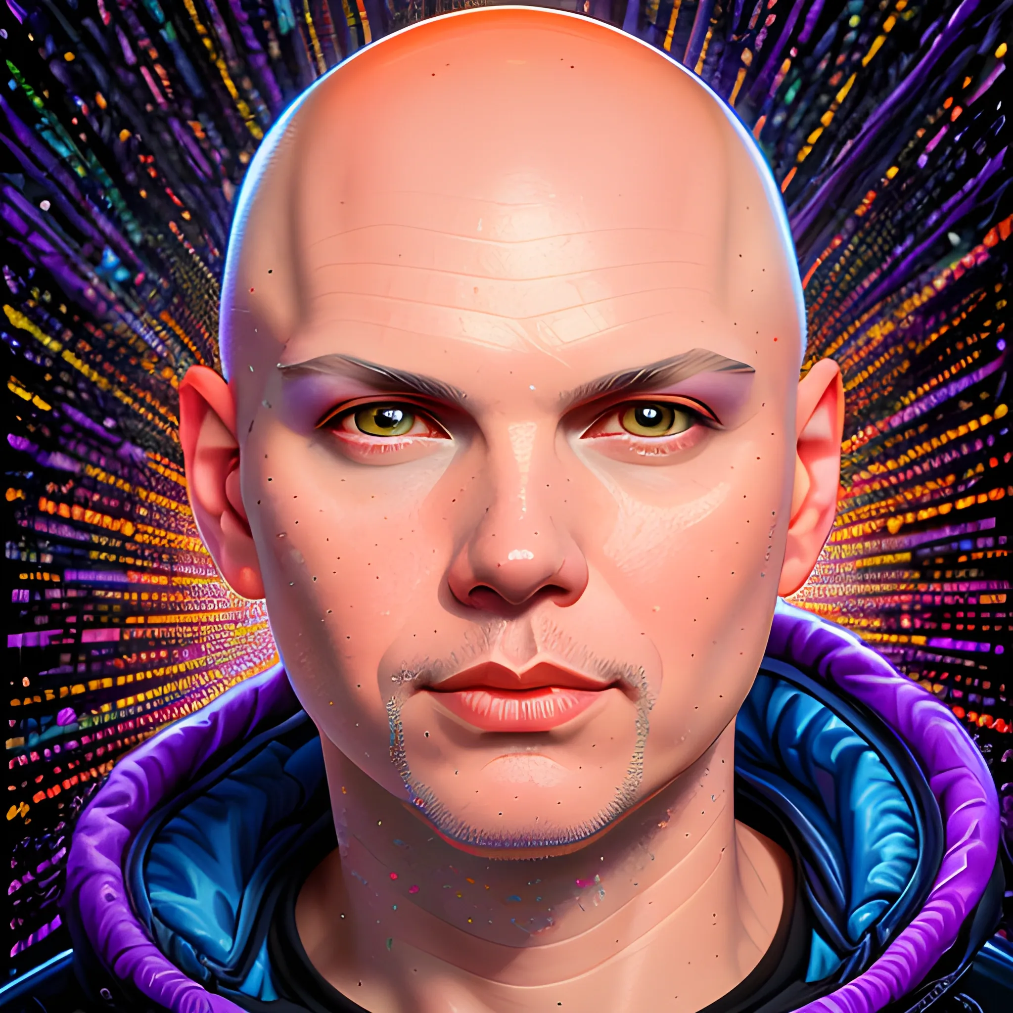 hyperdetailed oil on canvas, Billy Corgan, striking eyes, his handsome perfect, precisely detailed face, bald head, orange pink purple, luminous colorful sparkles, James R. Eads, Gawki, rajewel, Tania Rivilis, Dan Mumford, glitter, airbrush, Octane Render, volumetric lighting