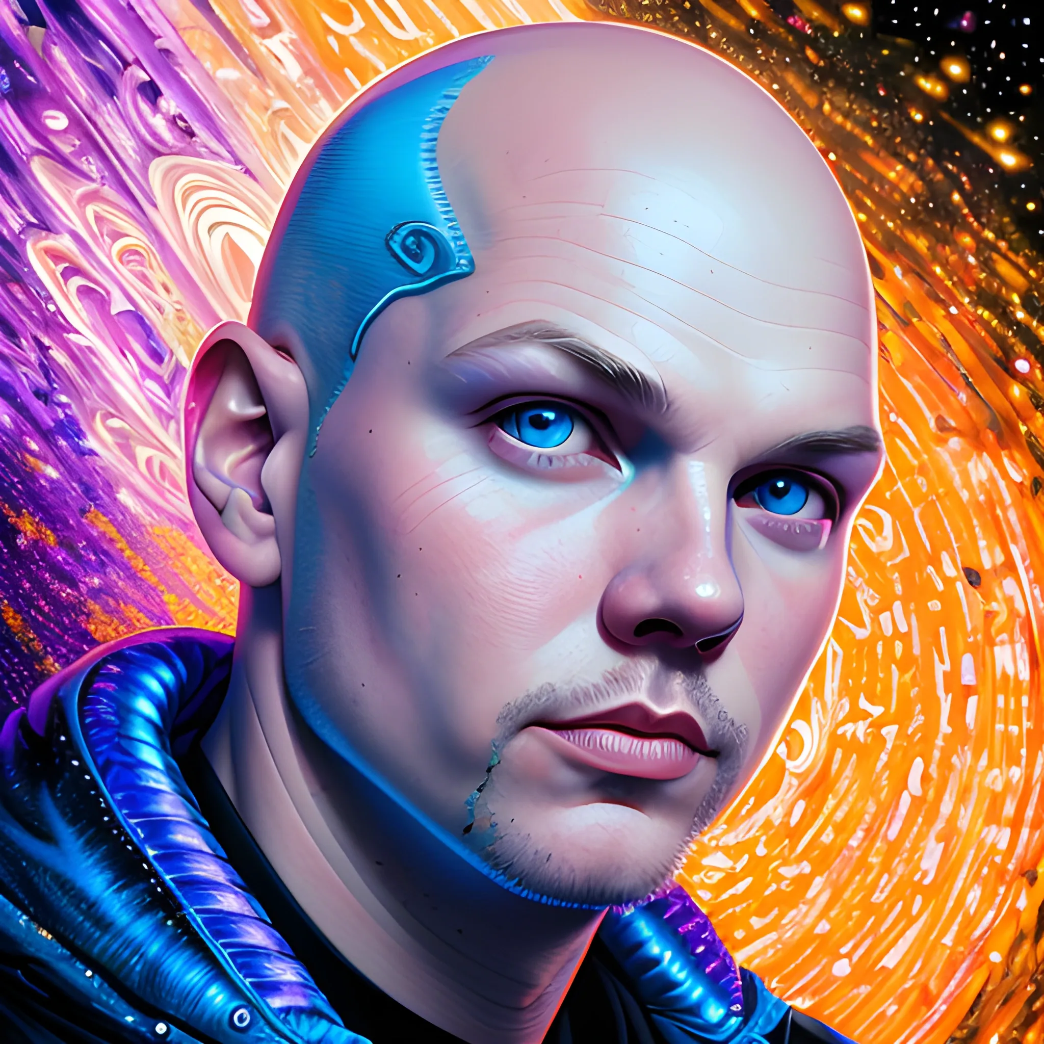 hyperdetailed oil on canvas, Billy Corgan, striking blue eyes, his handsome perfect, precisely detailed face, bald head, orange pink purple, luminous colorful sparkles, James R. Eads, Gawki, rajewel, Tania Rivilis, Dan Mumford, glitter, airbrush, Octane Render, volumetric lighting