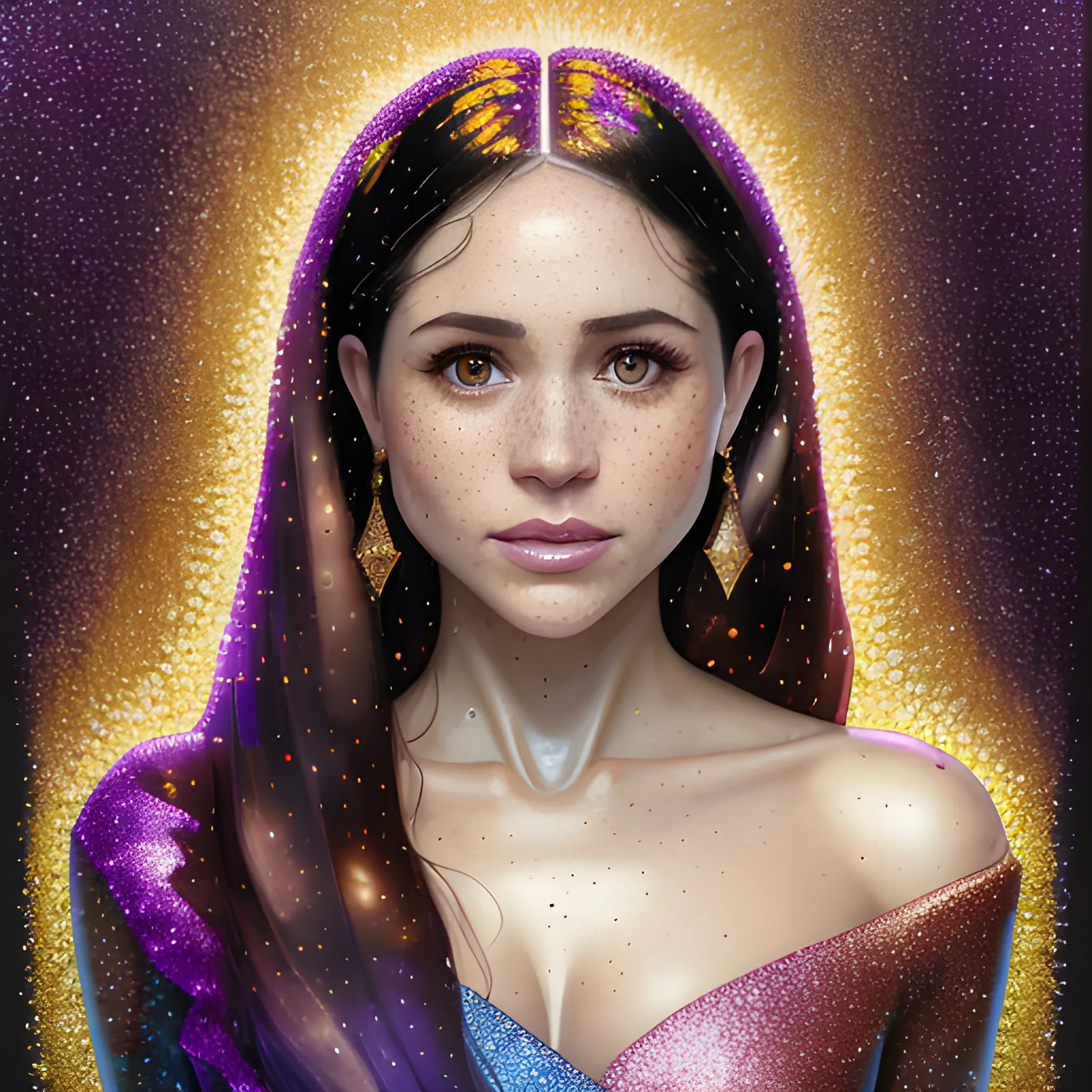 hyperdetailed oil on canvas, beautiful Meghan Markle, beautiful brown gold speckled eyes, her perfect, softly freckled, precisely detailed face, multi-hued dark hair, purple blue pink luminous color sparkles; Aja Trier, James R. Eads, Gawki, rajewel, Tania Rivilis, glitter, airbrush, Octane Render, volumetric lighting