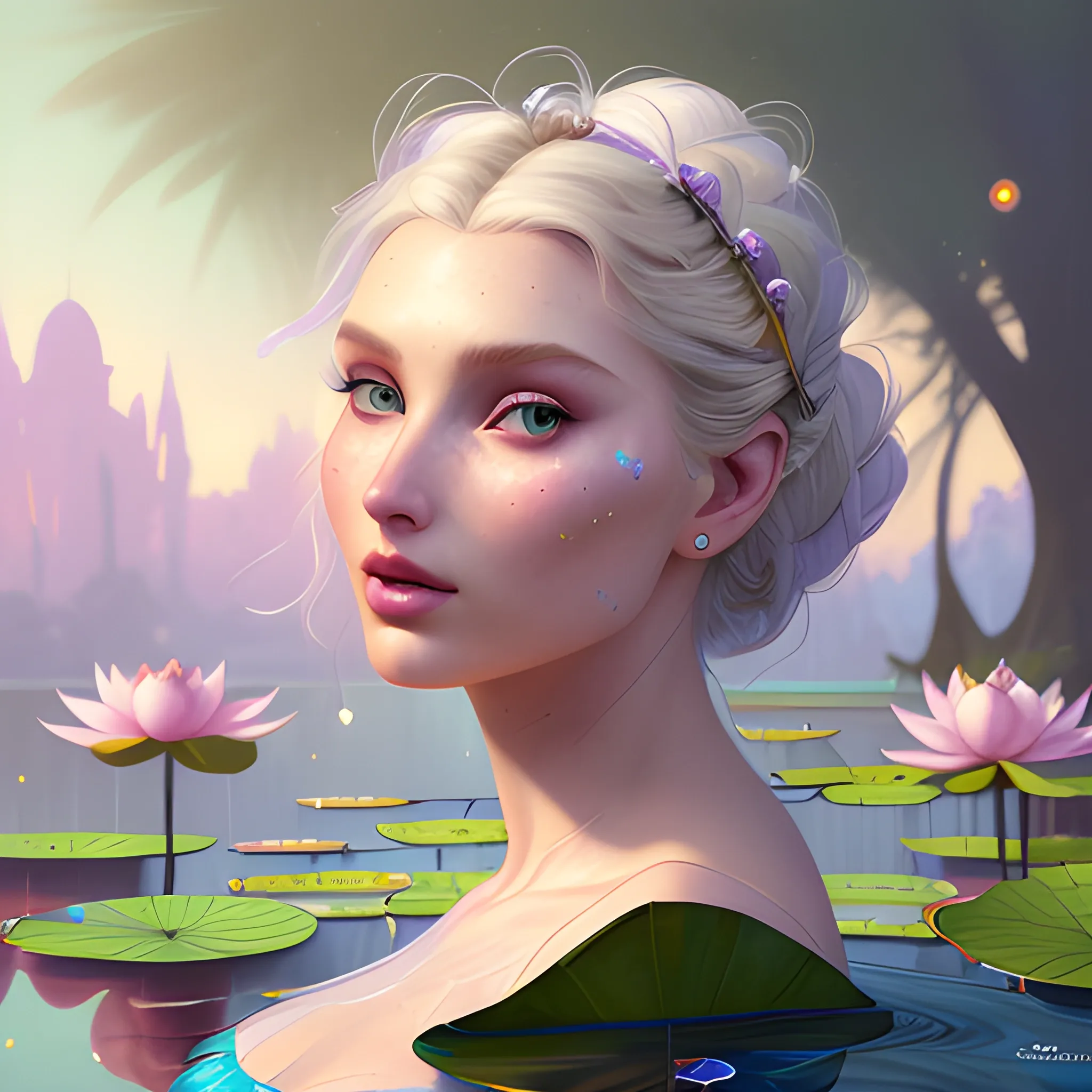 Elsa Hosk at a lotus pond; highly detailed beautiful face; glitter, renaissance; high contrast, pastel, sorbet, pearlescent, Unreal Engine 5; by Dan Parent, Alphonse Mucha, Artgerm, WLOP, intricately detailed, fantasy, bizarre, beautiful, Chromolithography, Soft Shading, Unreal Engine; digital painting, smooth, sharp focus, illustration, art by lisa frank, Steve Goad, Frank Frazetta, William-Adolphe Bouguereau, Unreal Engine 5, Cartoon, 3D, Oil Painting