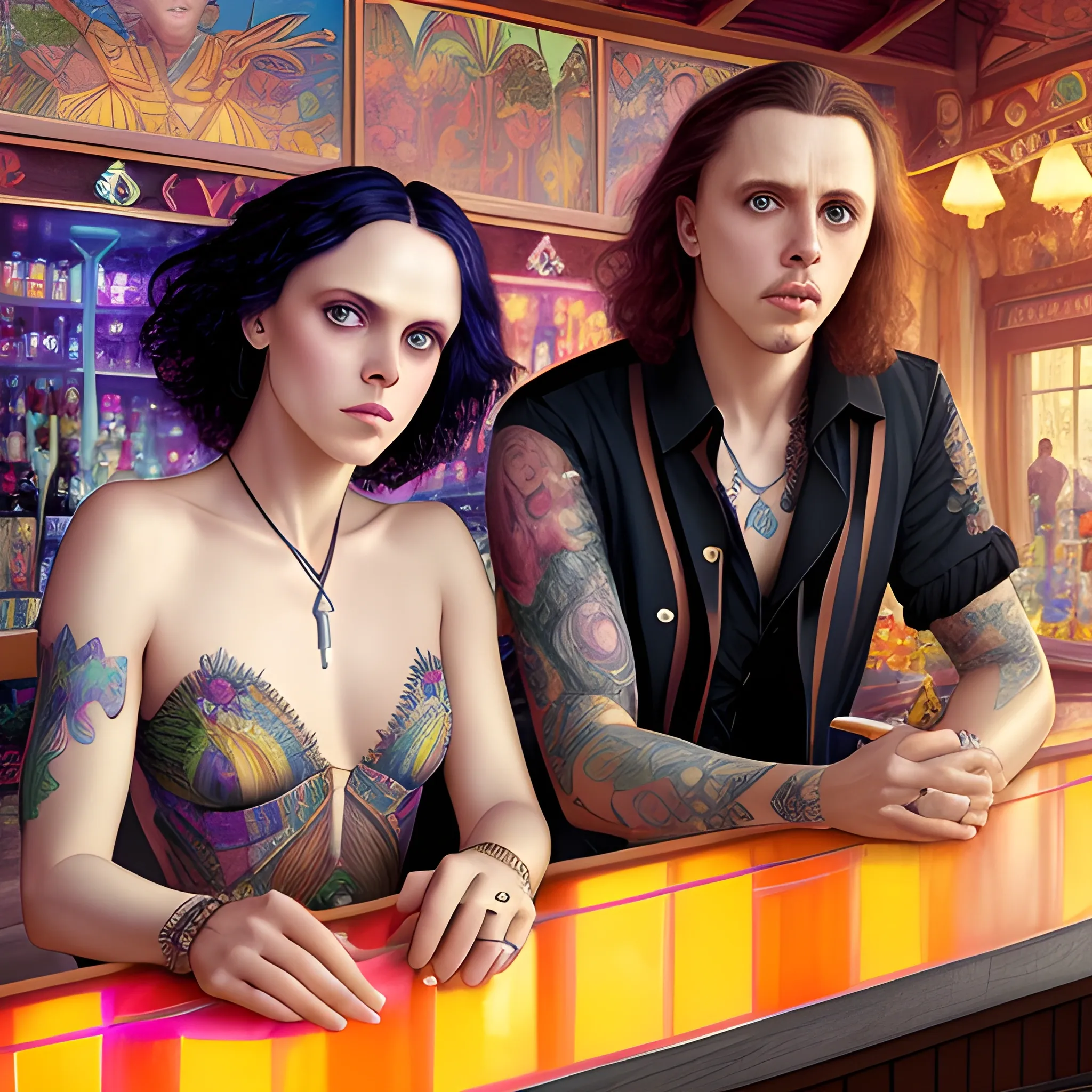 Ville Valo and Tommy Cash at a tropical bar, highly detailed faces, modern American; by Lisa Frank, Daniel Gerhartz, Phil Noto art, Mucha, Manara; hyper-detailed, hyper-realistic, sharp focus; symmetrical face; textured shading, subtractive lighting, Unreal Engine