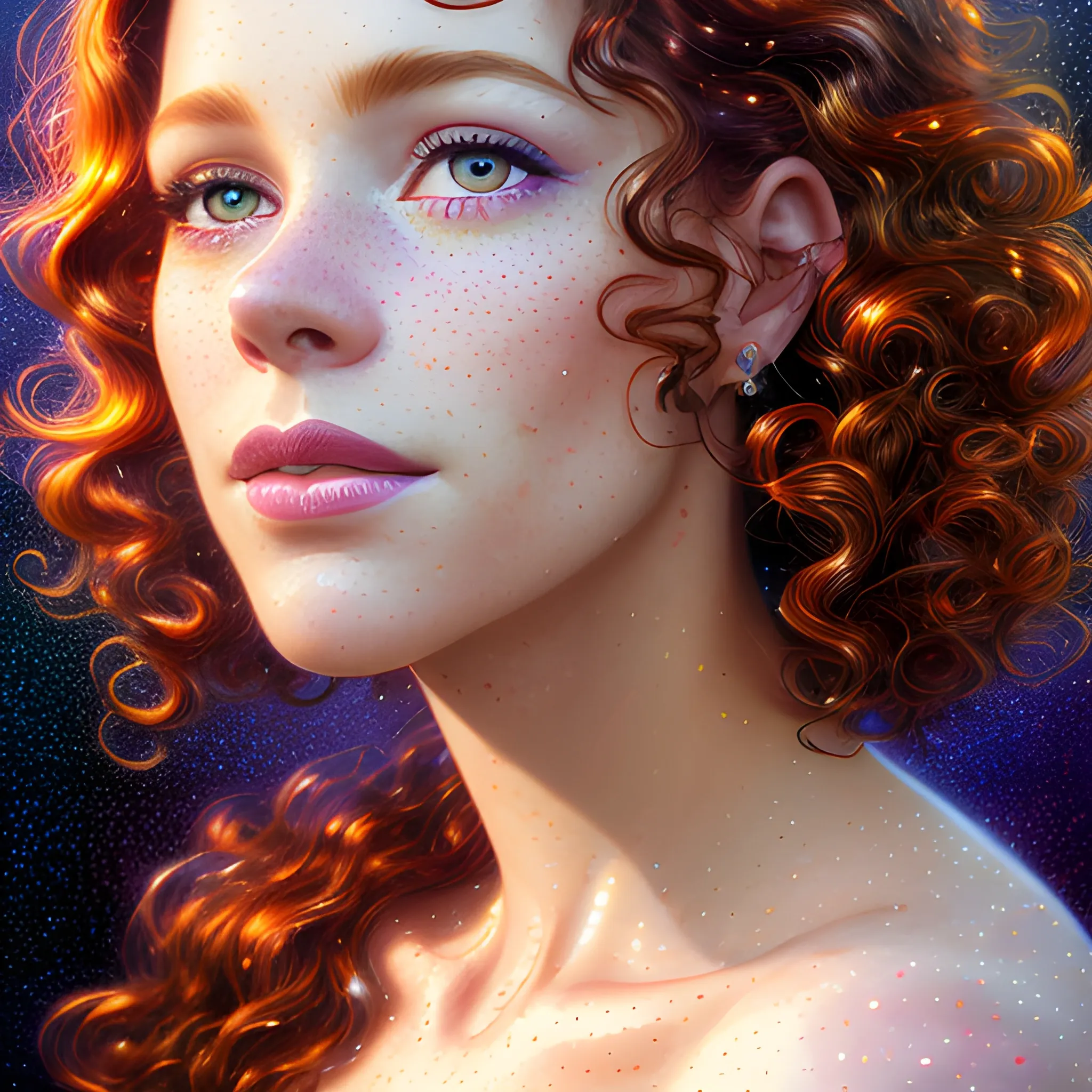 hyperdetailed oil on canvas, beautiful Robyn Lively,, beautiful brown gold speckled eyes, her perfect, softly freckled, precisely detailed face, curly, multi-hued red hair, purple blue pink luminous color sparkles; Aja Trier, James R. Eads, Gawki, rajewel, Tania Rivilis, glitter, airbrush, Octane Render, volumetric lighting