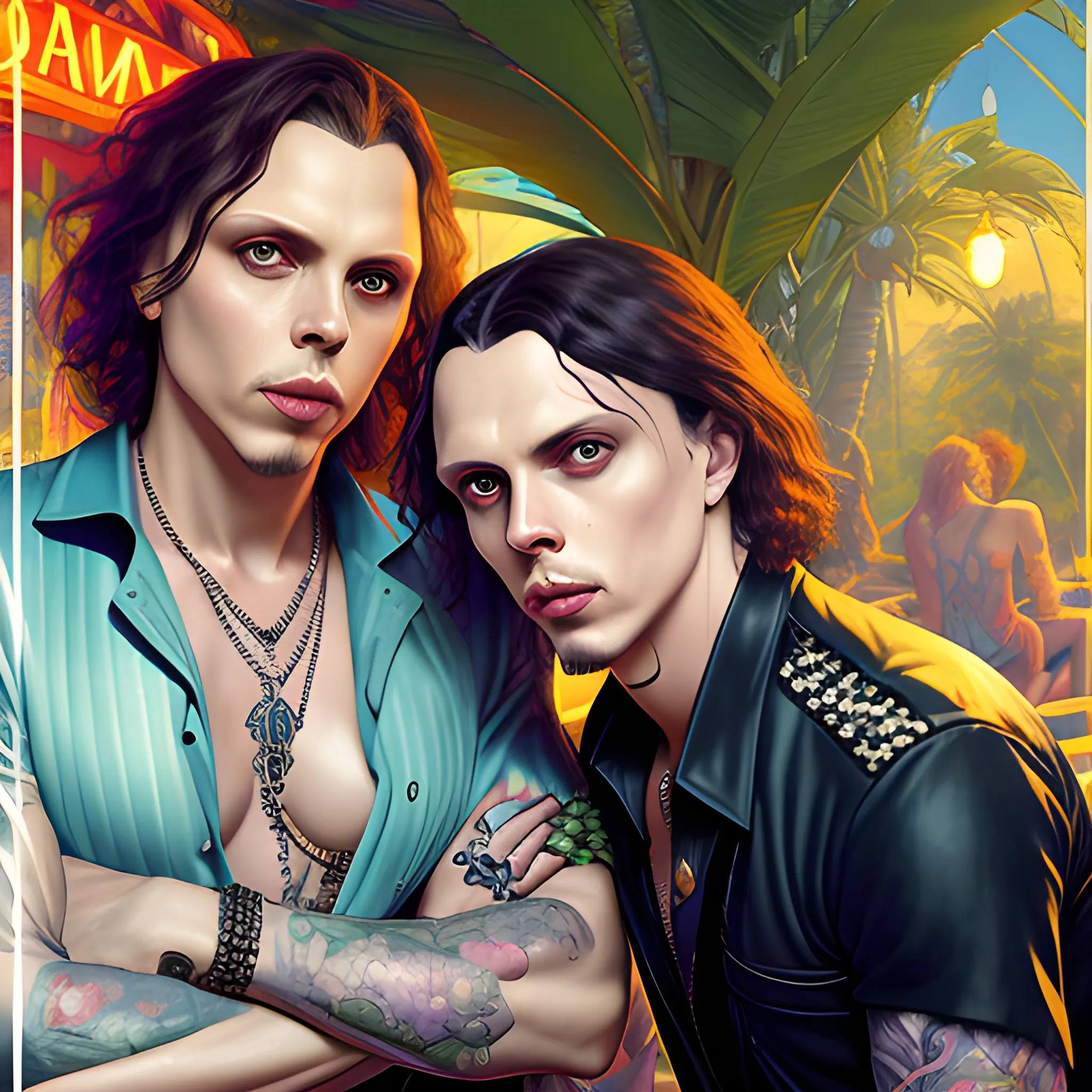 two men, Ville Valo and Tommy Cash at a tropical bar, highly detailed faces, modern American; by Lisa Frank, Daniel Gerhartz, Phil Noto art, Mucha, Manara; hyper-detailed, hyper-realistic, sharp focus; symmetrical face; textured shading, subtractive lighting, Unreal Engine