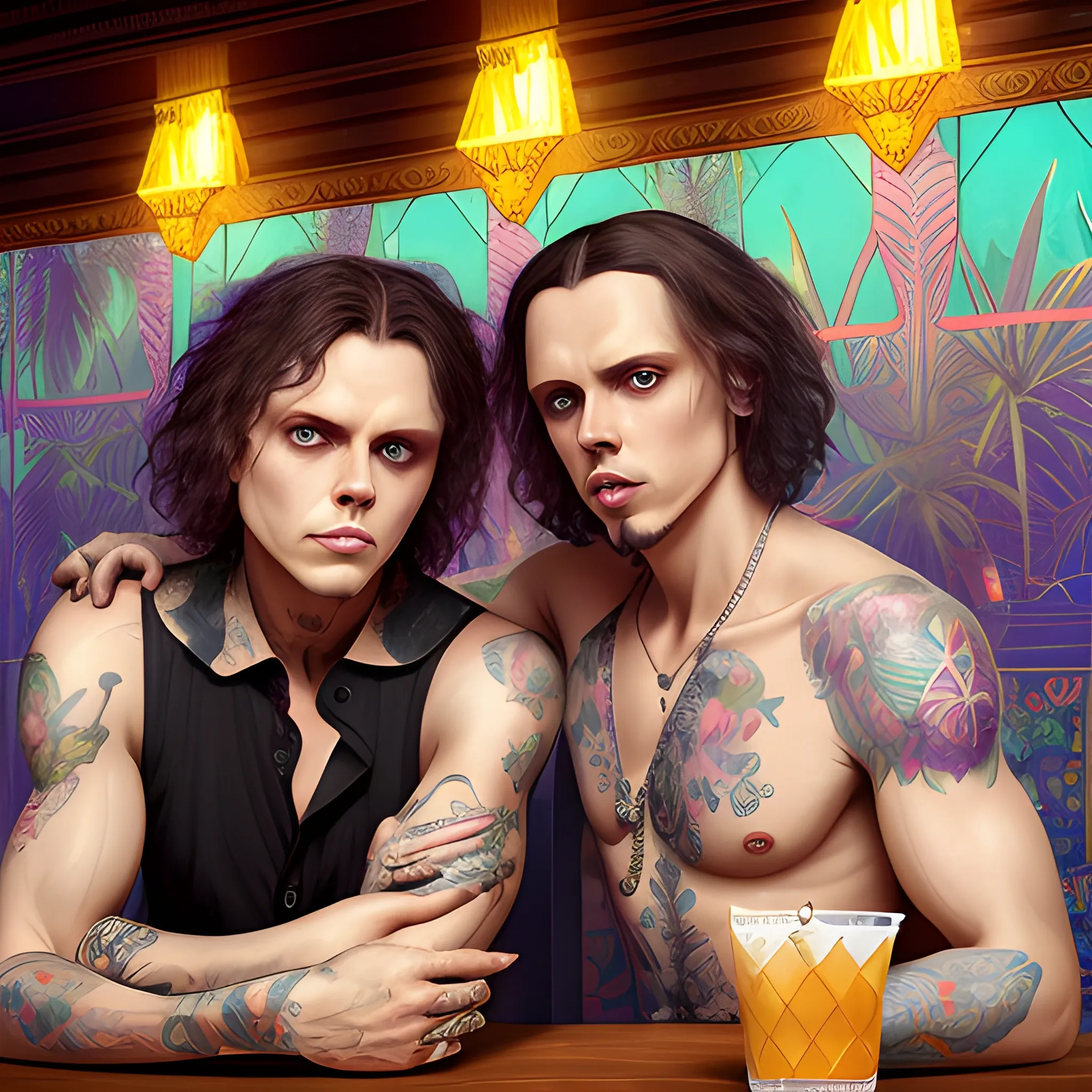 two men, Ville Valo and Tommy Cash at a tropical bar, highly detailed faces, modern American; by Lisa Frank, Daniel Gerhartz, Phil Noto art, Mucha, Manara; hyper-detailed, hyper-realistic, sharp focus; symmetrical face; textured shading, subtractive lighting, Unreal Engine