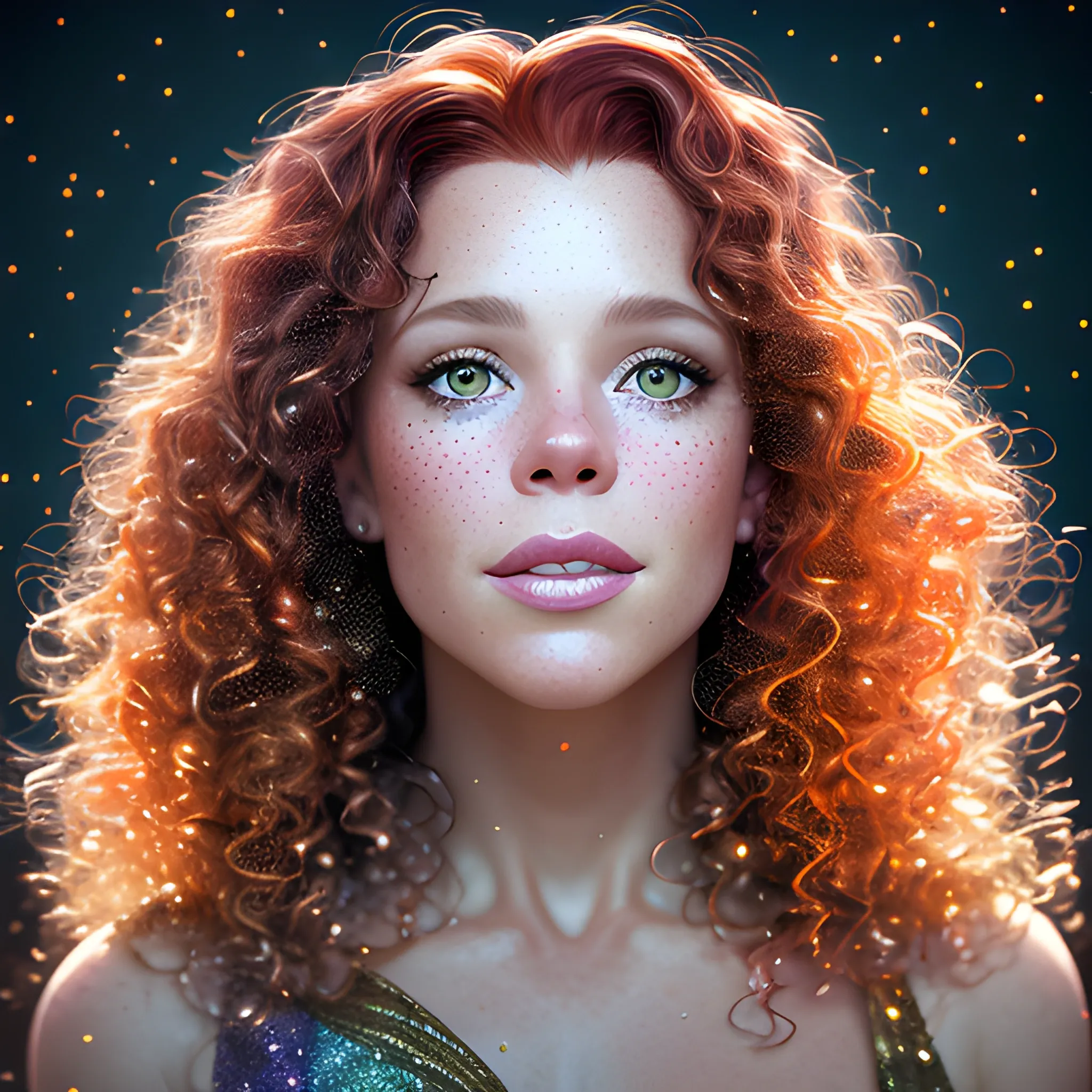 hyperdetailed oil on canvas, beautiful Robyn Lively,, beautiful brown gold speckled eyes, her perfect, softly freckled, precisely detailed face, long curly, multi-hued red hair, purple blue pink luminous color sparkles; Aja Trier, James R. Eads, Gawki, rajewel, Tania Rivilis, glitter, airbrush, Octane Render, volumetric lighting