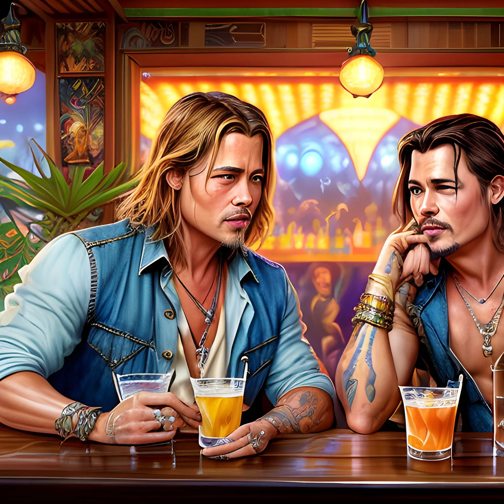 two men, Brad Pitt and Johnny Depp, at a tropical bar, highly detailed faces, modern American; by Lisa Frank, Daniel Gerhartz, Phil Noto art, Mucha, Manara; hyper-detailed, hyper-realistic, sharp focus; symmetrical face; textured shading, subtractive lighting, Unreal Engine