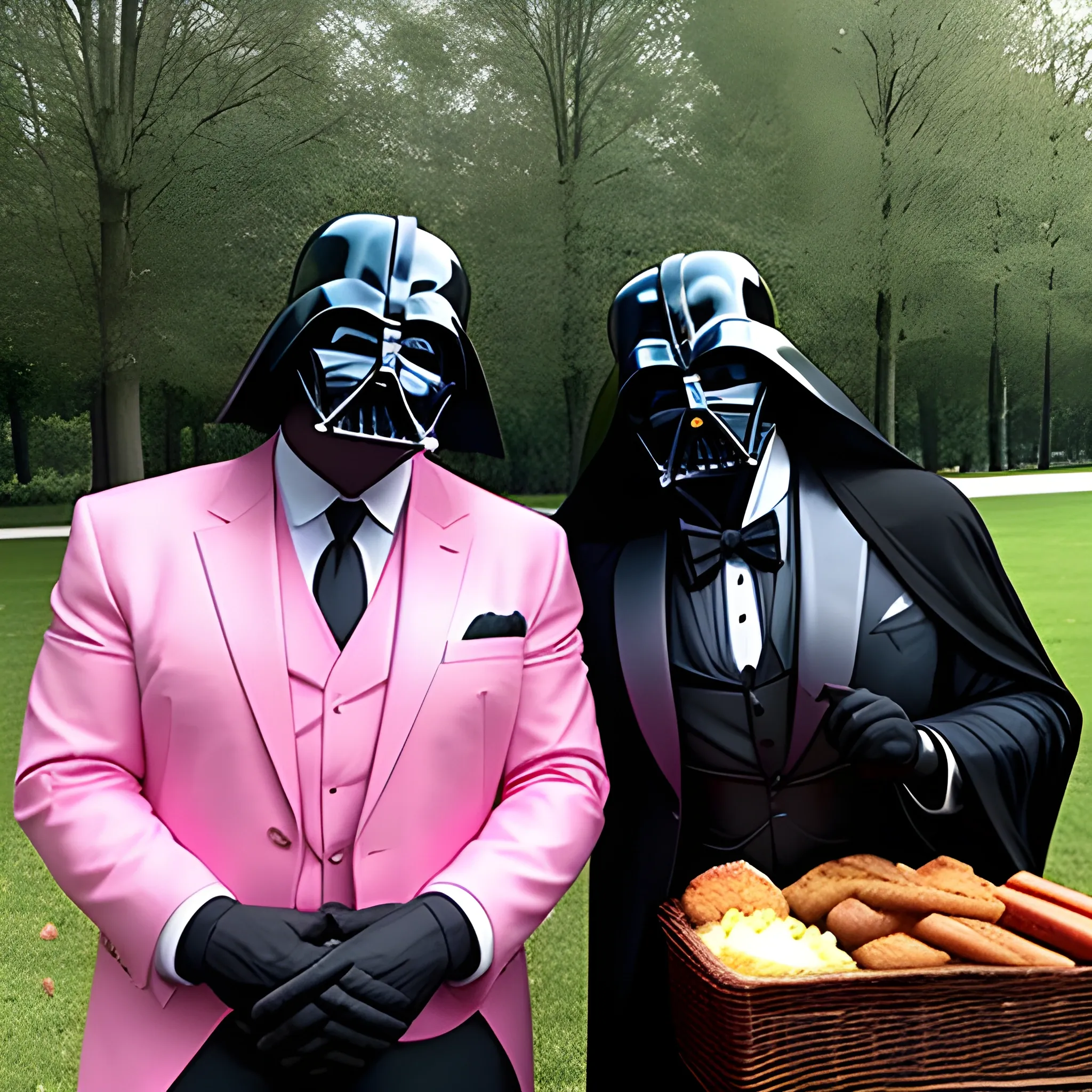 a dark vader father, a dark vader mother in a pink suit, a dark vader child and an old dark vader grandfather in a picnic