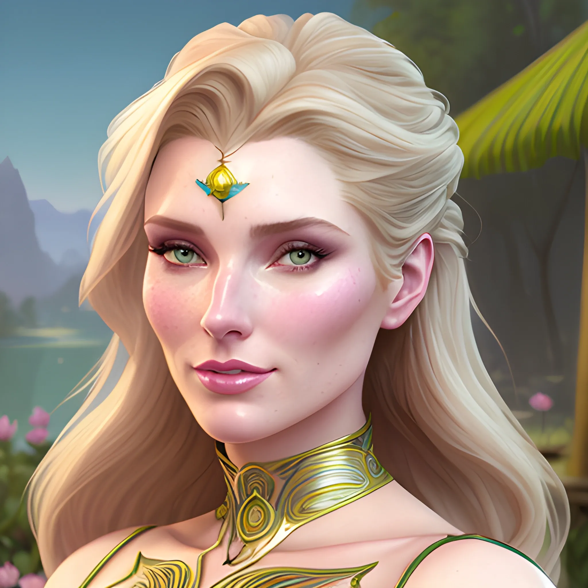 Elsa Hosk / Shanina Sheik / Robyn Lively face morph at a lotus pond; highly detailed beautiful face; glitter, renaissance; high contrast, pastel, sorbet, pearlescent, Unreal Engine 5; by Dan Parent, Alphonse Mucha, Artgerm, WLOP, intricately detailed, fantasy, bizarre, beautiful, Chromolithography, Soft Shading, Unreal Engine; digital painting, smooth, sharp focus, illustration, art by lisa frank, Steve Goad, Frank Frazetta, William-Adolphe Bouguereau, Unreal Engine 5, Cartoon, 3D, Oil Painting