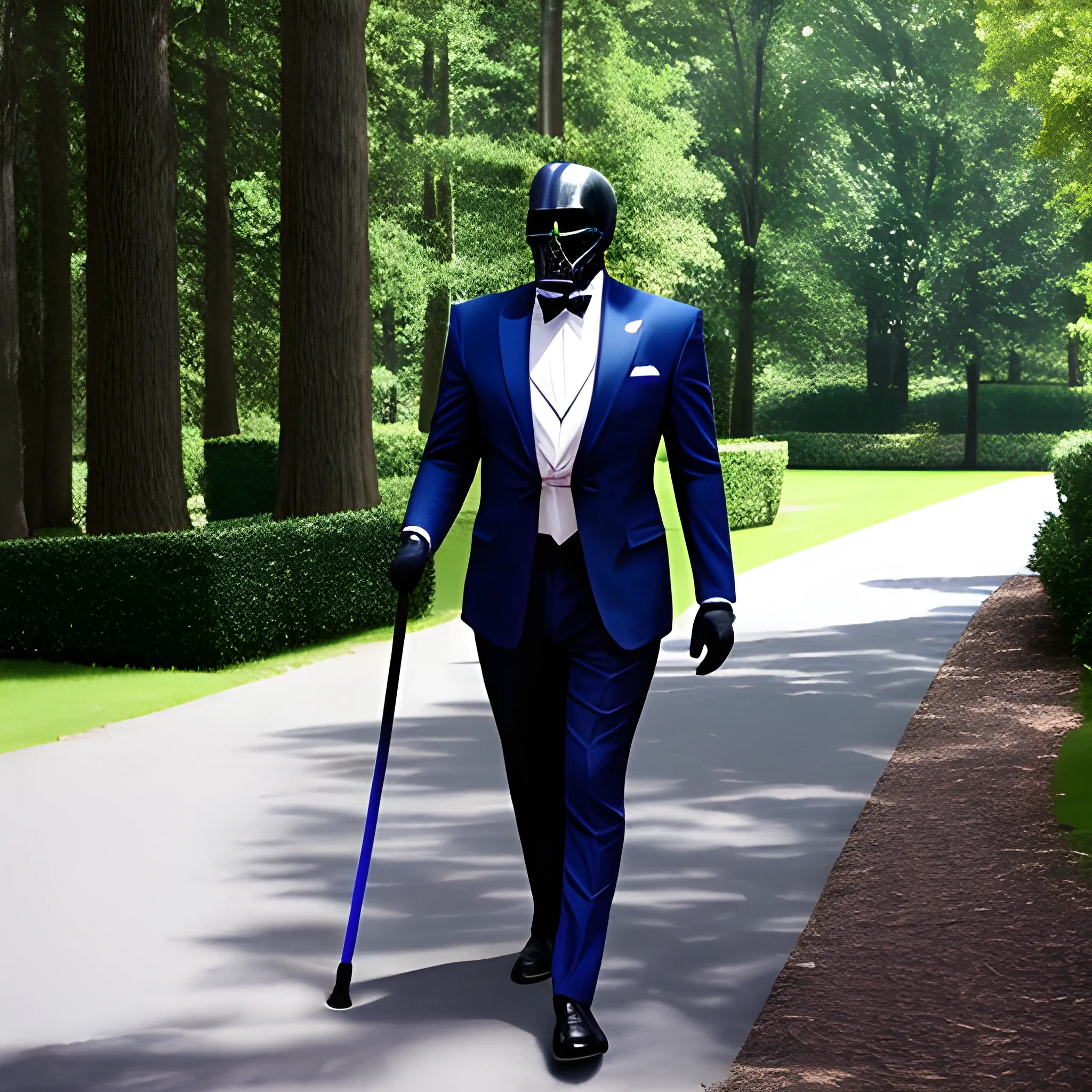 a dark vader man in a blue suit, a dark vader woman in a pink suit, a dark vader child in shorts and an old dark vader with a walking stick in a picnic