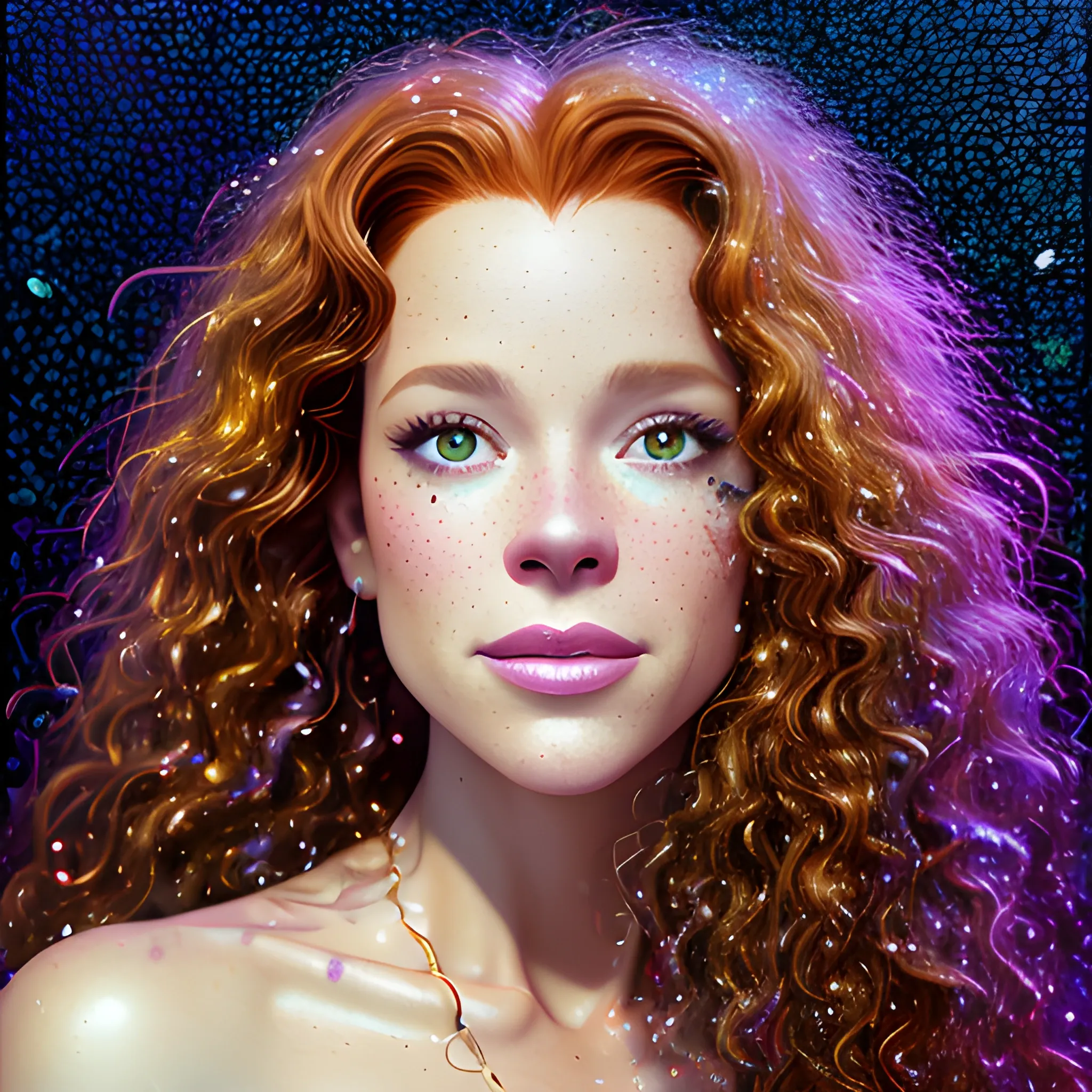 hyperdetailed oil on canvas, beautiful brown-eyed Robyn Lively, beautiful brown gold speckled eyes, her perfect, softly freckled, precisely detailed face, long curly, multi-hued red hair, purple blue pink luminous color sparkles; Aja Trier, James R. Eads, Gawki, rajewel, Tania Rivilis, glitter, airbrush, Octane Render, volumetric lighting