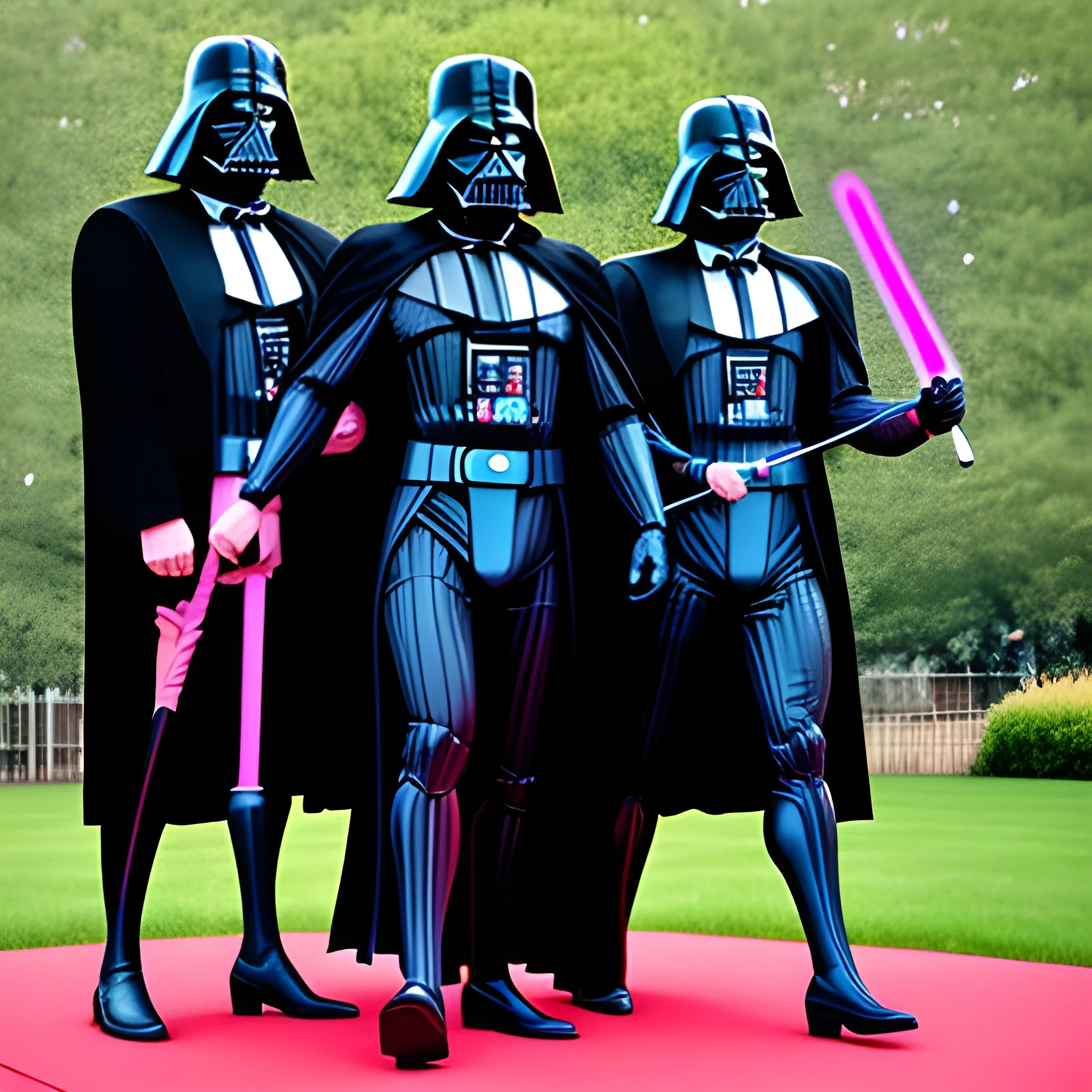 in a picnic, there are a four dark vaders: a dark vader man in a blue suit, a dark vader woman in a pink suit, a dark vader child in shorts and an old dark vader with a walking stick 
