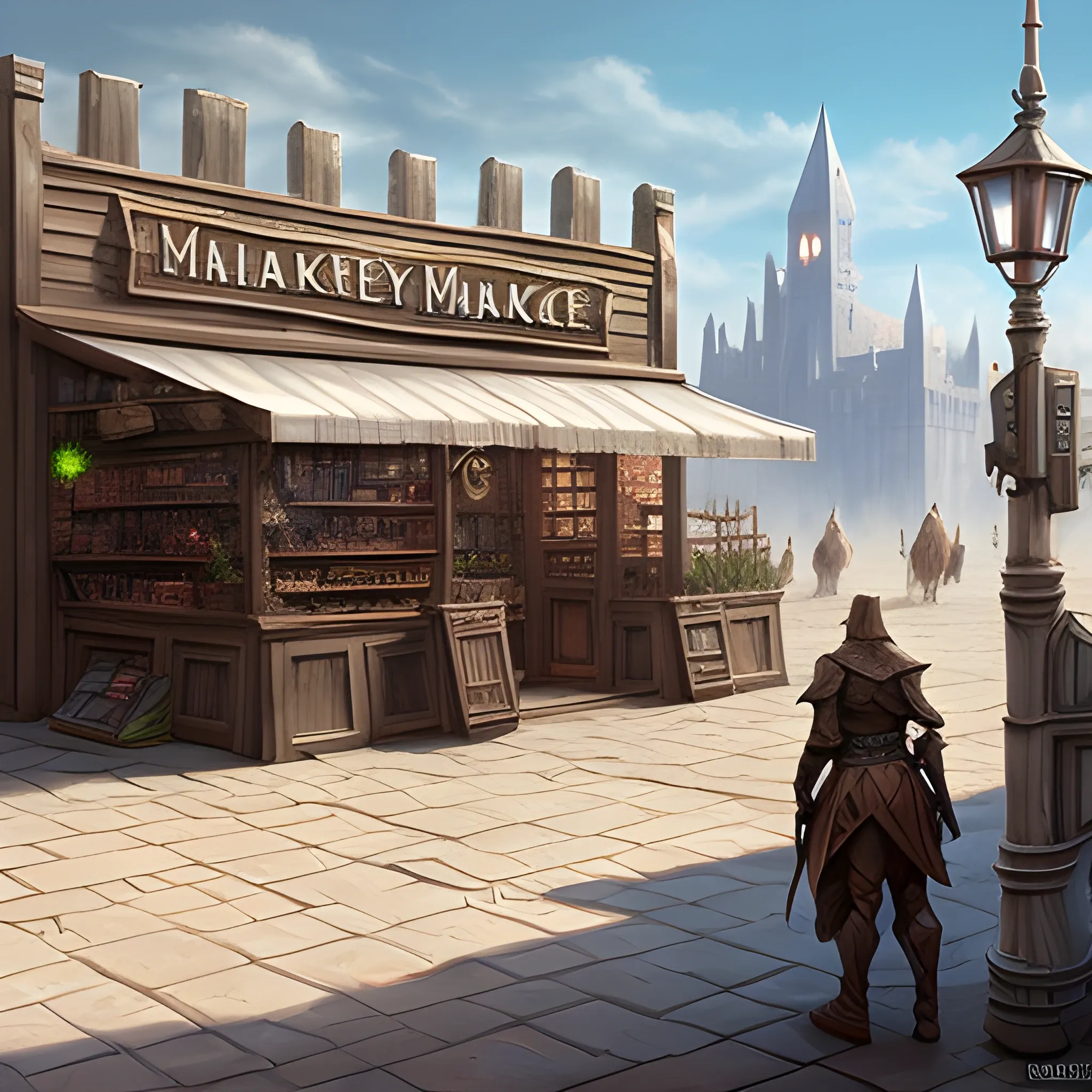 Make a fantasy marketplace concept art, No people. Every shop should have an empty white banner, high resolution, very detailed, realistic art 