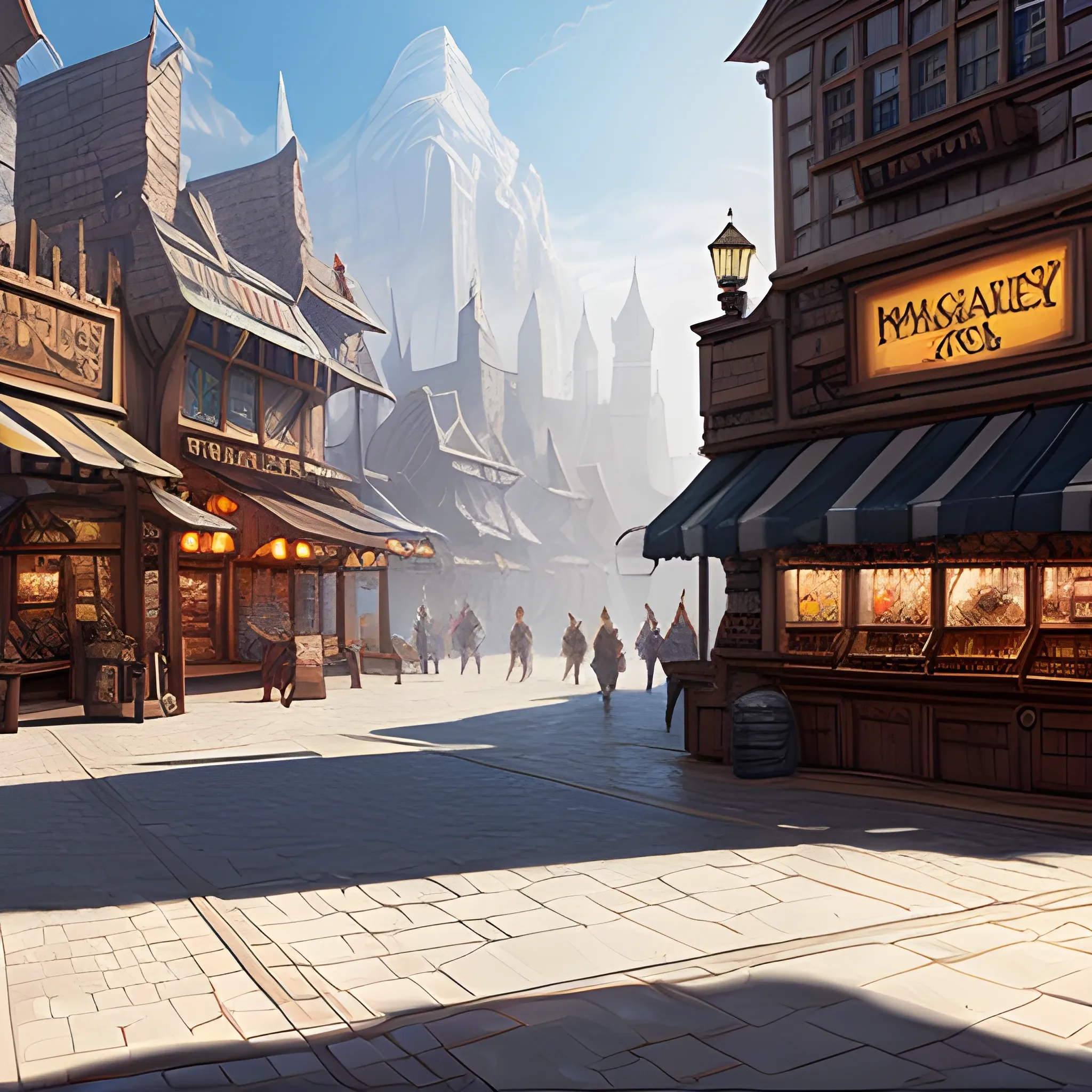 Make a fantasy marketplace concept art, No people. Every shop should have an empty white banner, high resolution, very detailed, realistic art, there should be a lot of shops on the street
