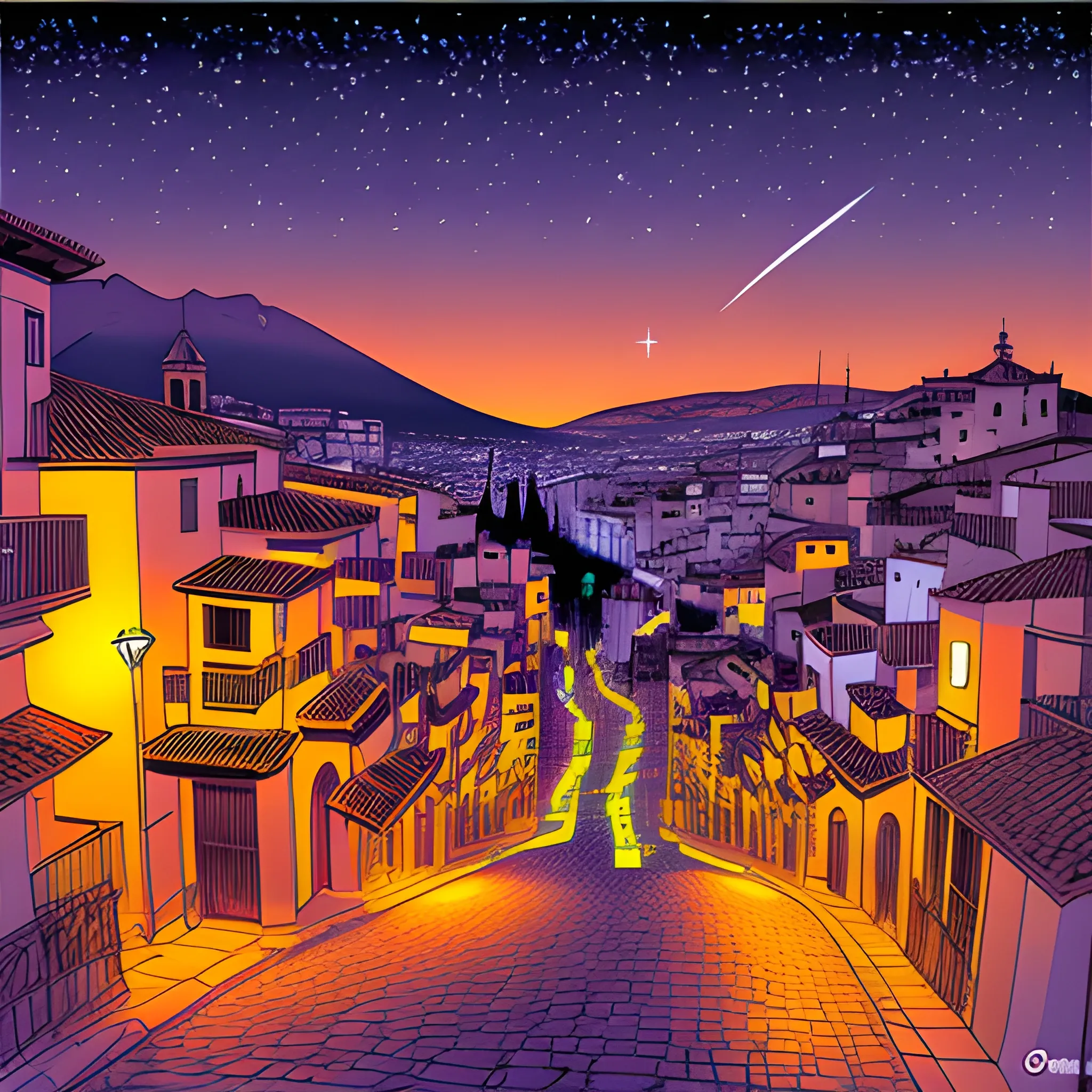 Imágenes de la vida nocturna en Granada con luces parpadeantes., Cartoon