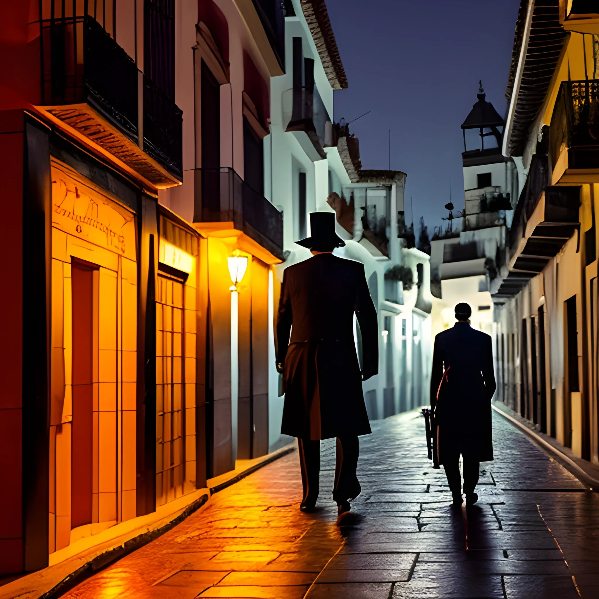 Un detective de homicidios calvo paseando por la calle de Granada de noche