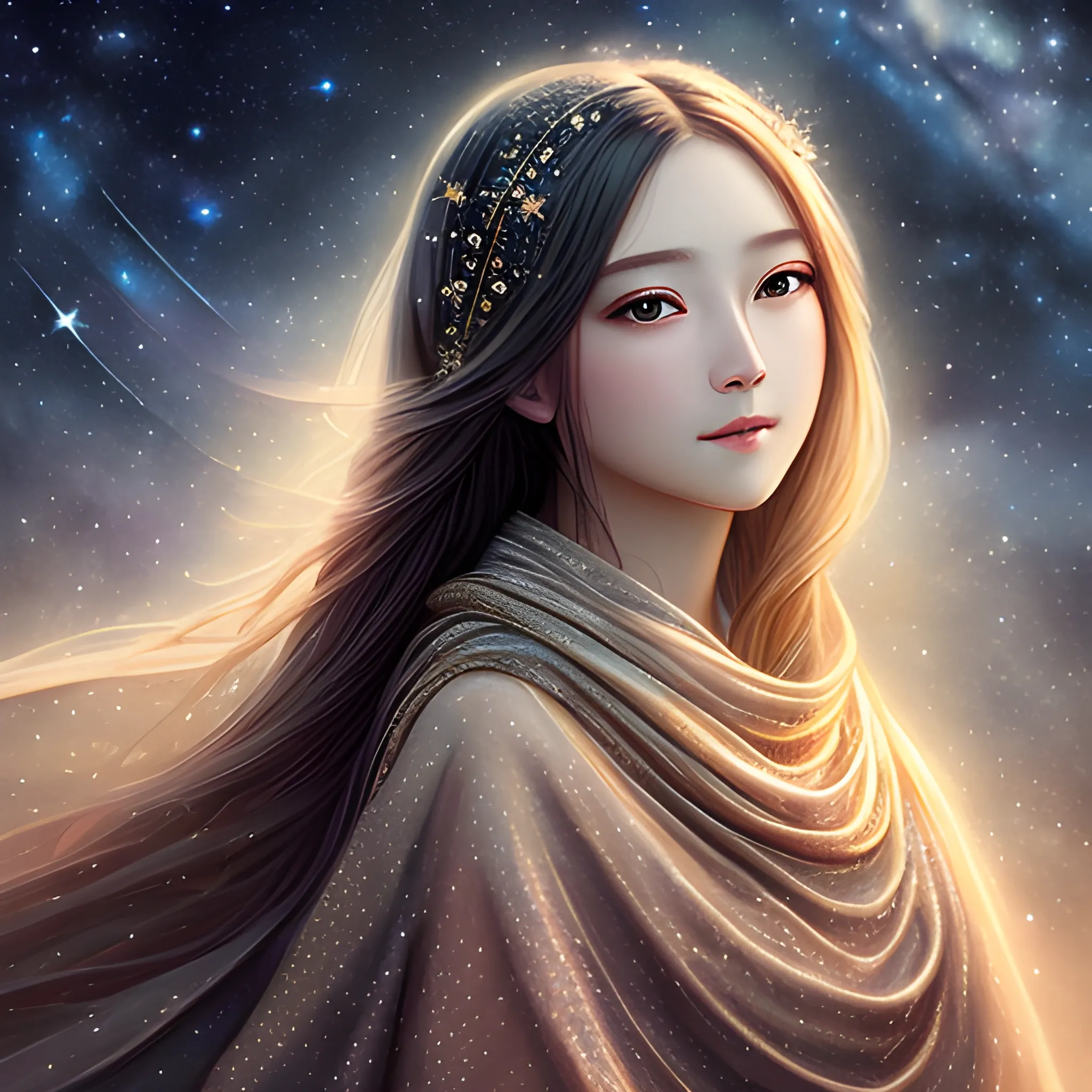 Masterpiece, high detail, female, shining, fair skin, charming, long hair shawl, starlight, night, starry background, secondary style.