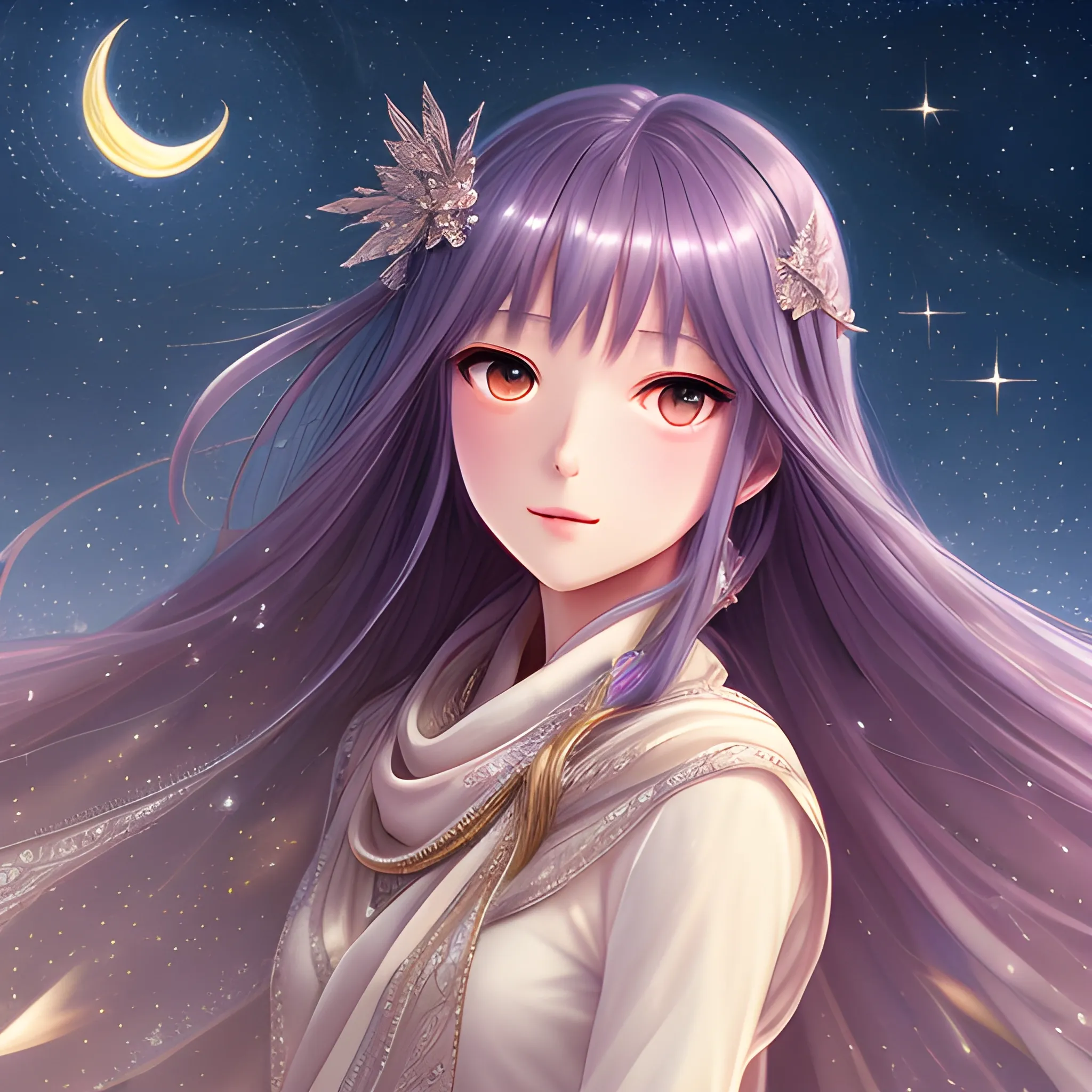 Masterpiece, high detail, female, shining, fair skin, charming, long hair shawl, starlight, night, starry background, Japanese cartoon