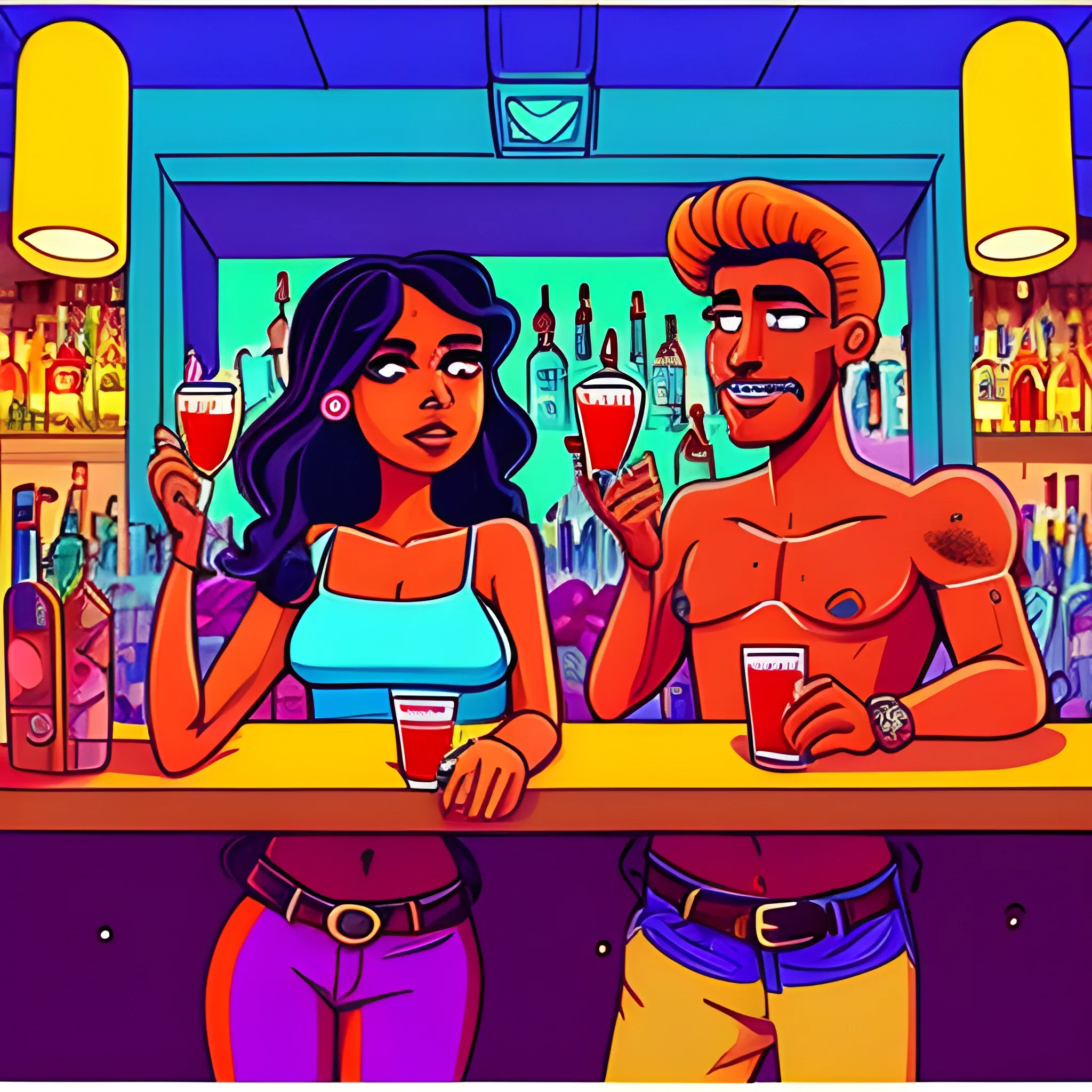 Chica morena sentada en un bar con un atractivo enigmático , junto un chico calvo muy acaramelados , Cartoon, Trippy