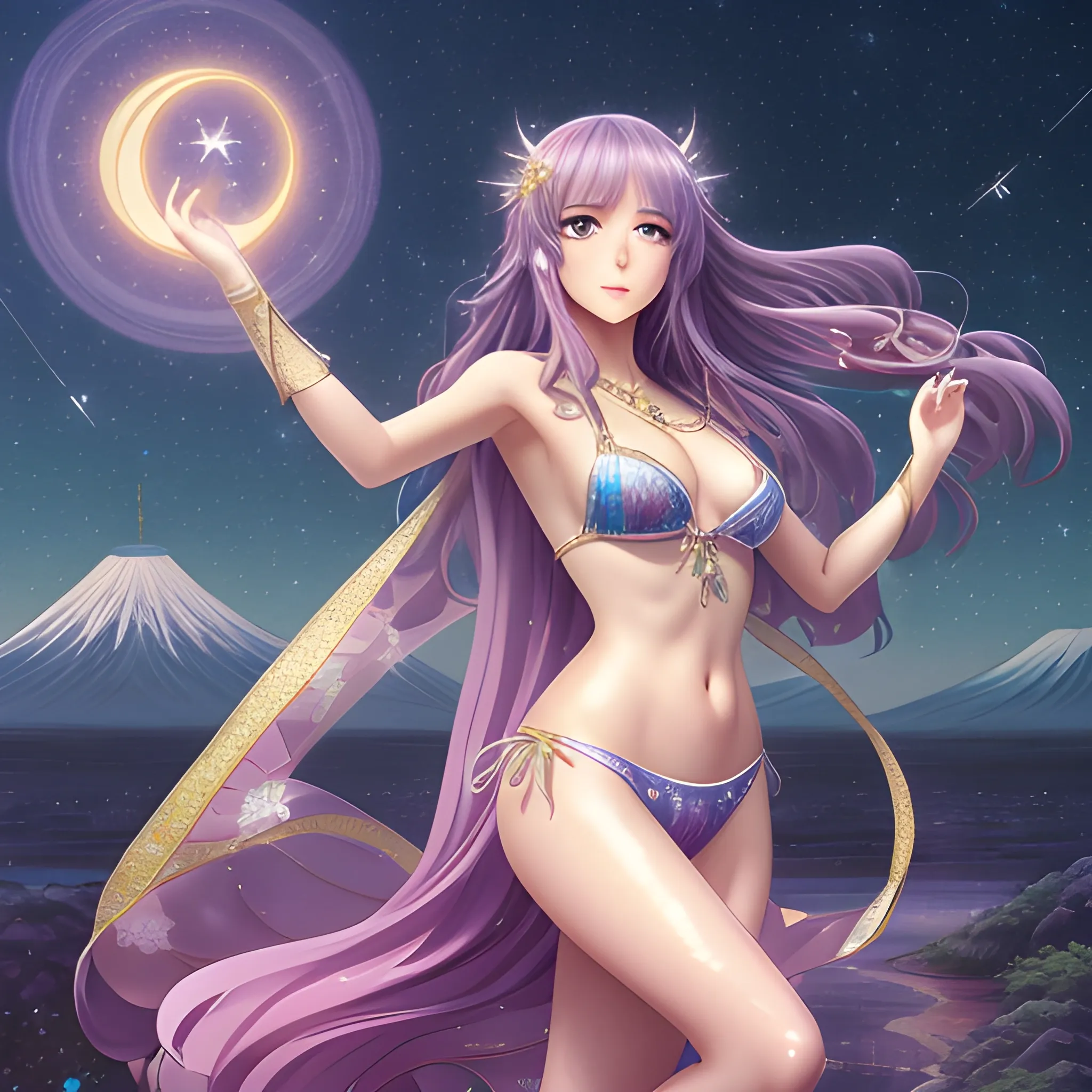 👙,Masterpiece, high detail, female, shining, fair skin, charming, long hair shawl, starlight, night, starry background, Japanese cartoon