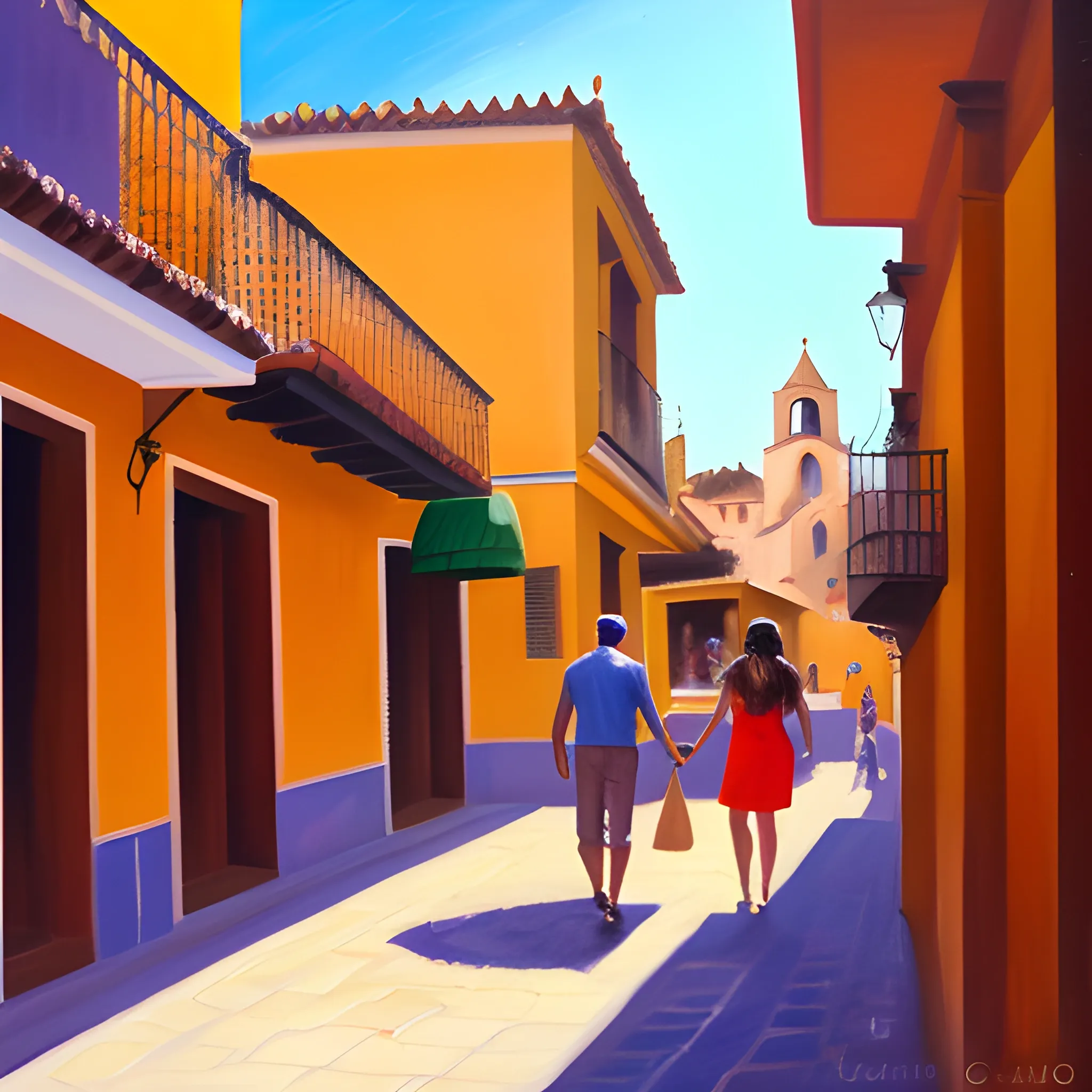 Un chico calvo paseando con una chica morena por las calles de Granada , Oil Painting