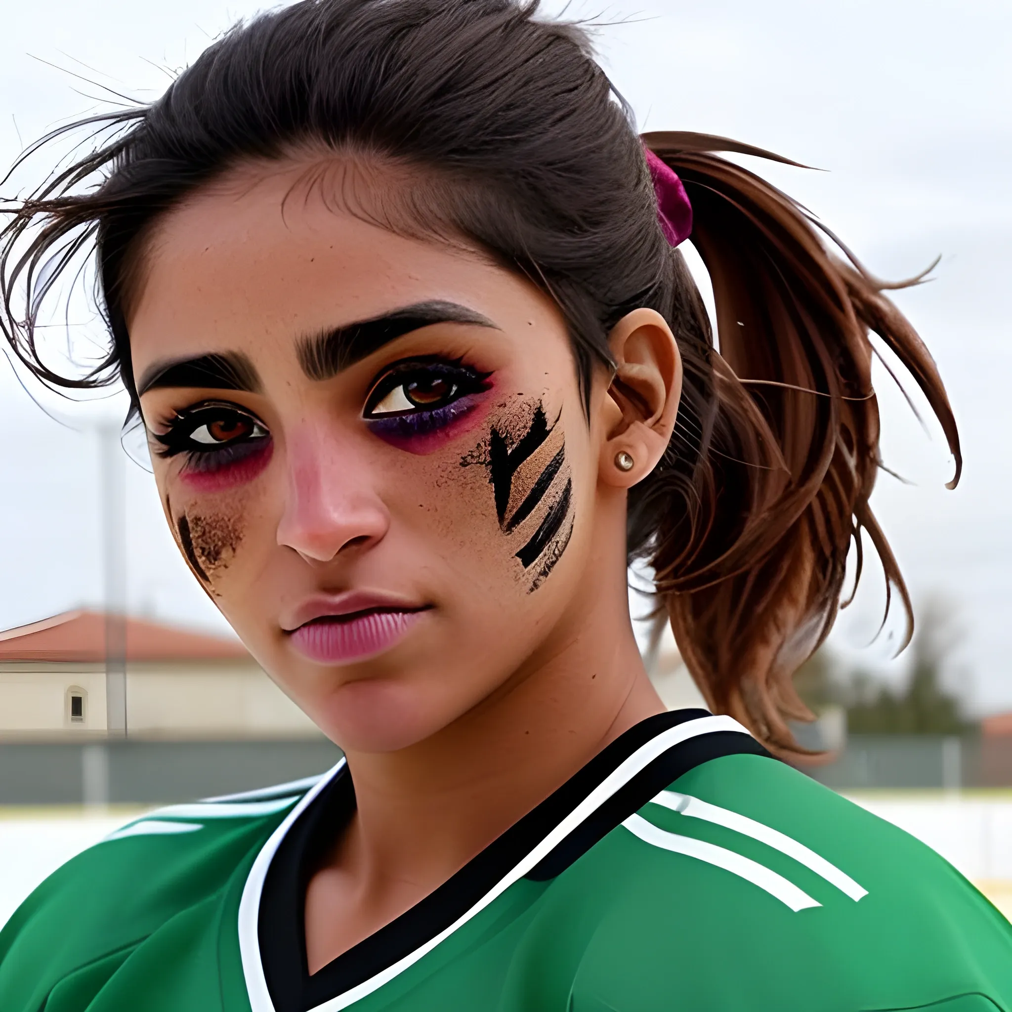 Chica morena con una mascara de hockey 