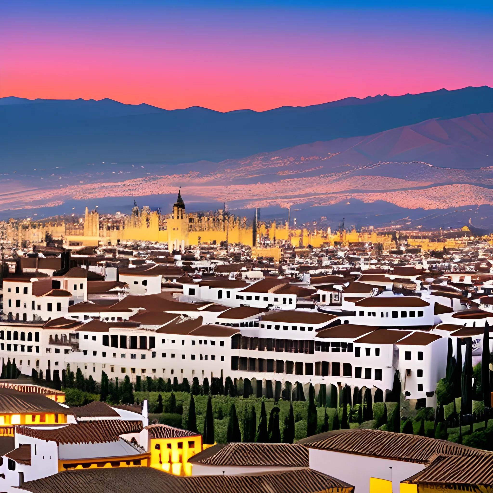 Imagen de Granada con un atardecer en el horizonte.