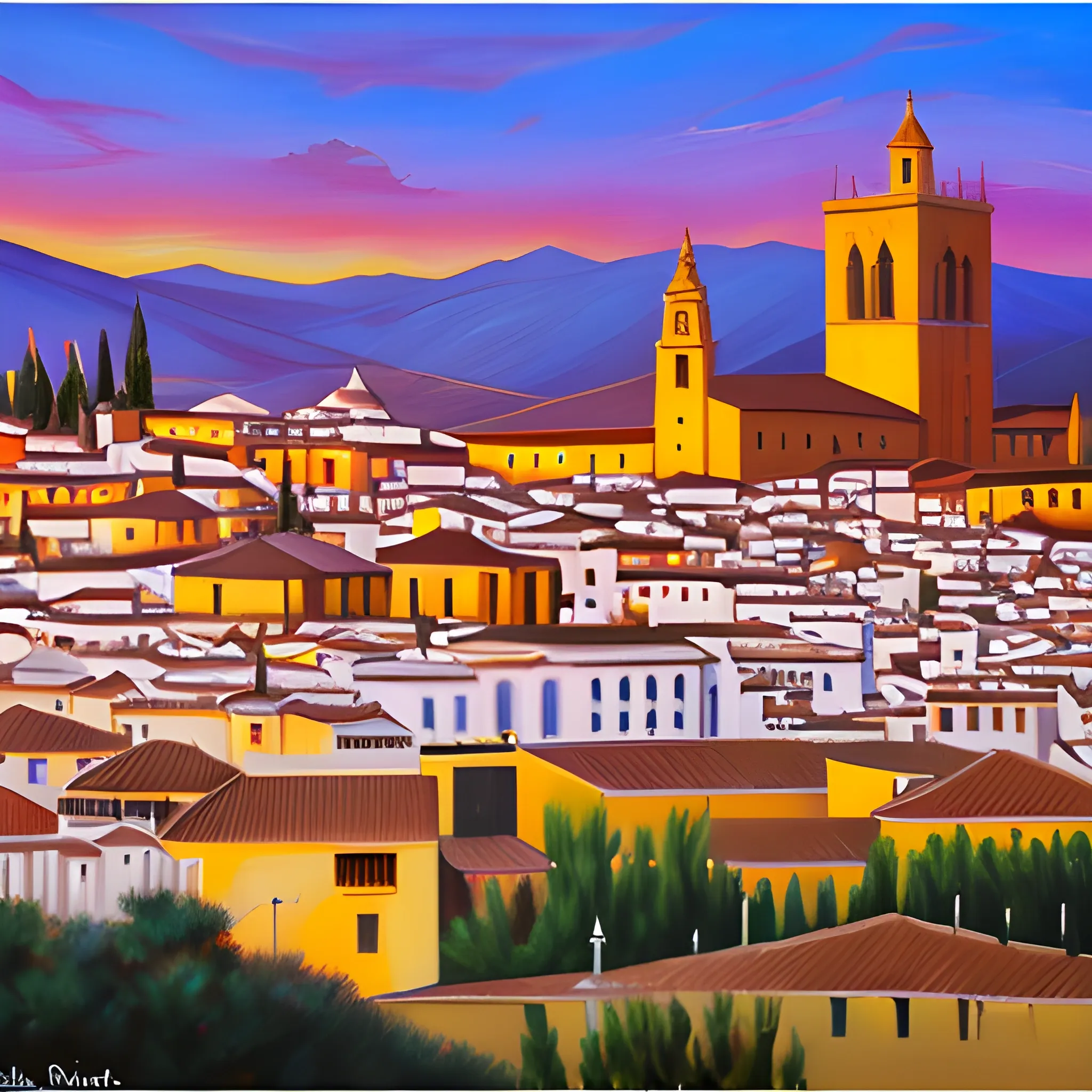 Imagen de Granada con un atardecer en el horizonte., Oil Painting