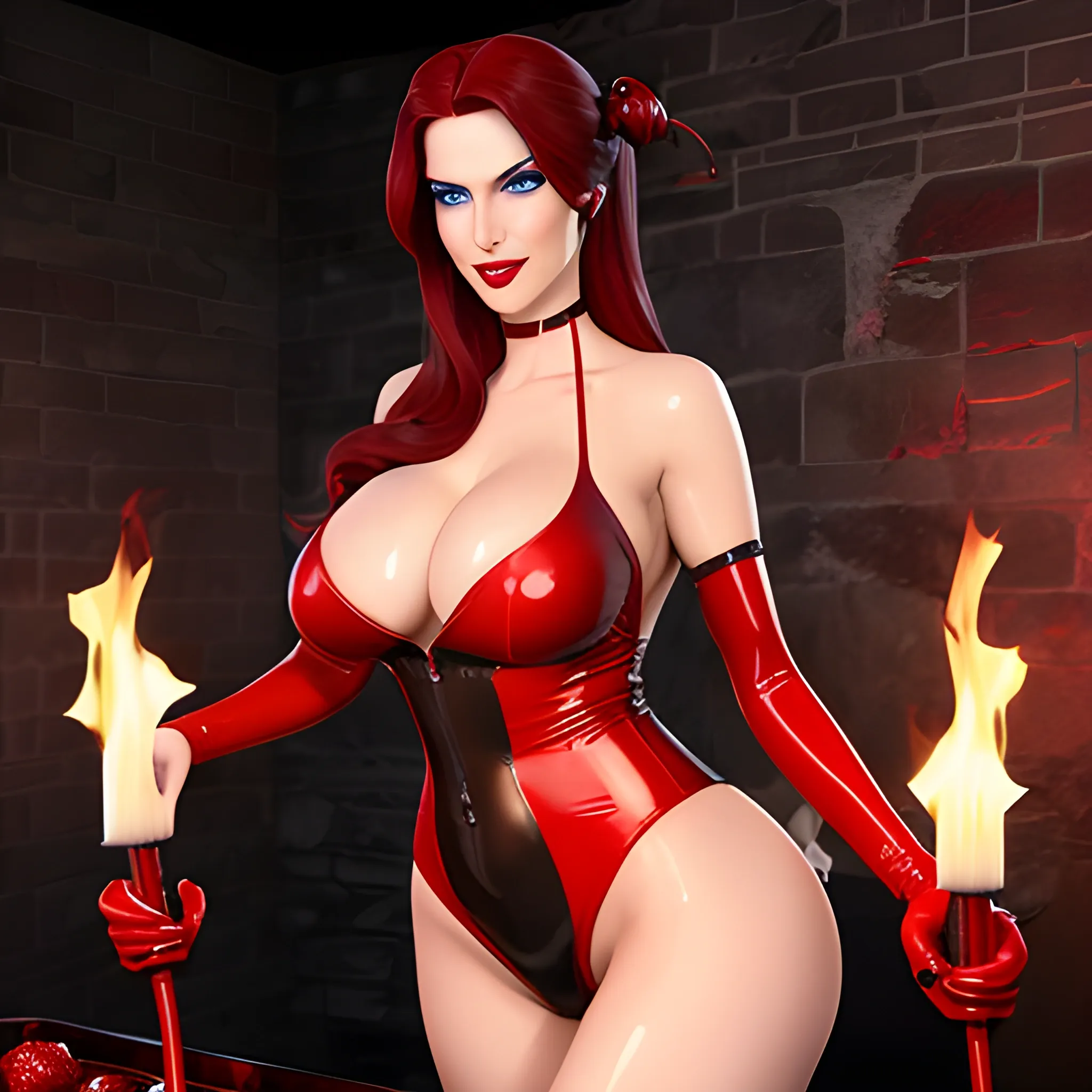 photorealistic, 2 young ladies, Long hair in dark red, Beautiful eyes as blue as the sky, Sexy mouth in a red like cherries, Bathing suit of latex in red and black, Whole body visible, Breasts naked and visible, In the background a dark dungeon with burning torches on the wall, maximum details