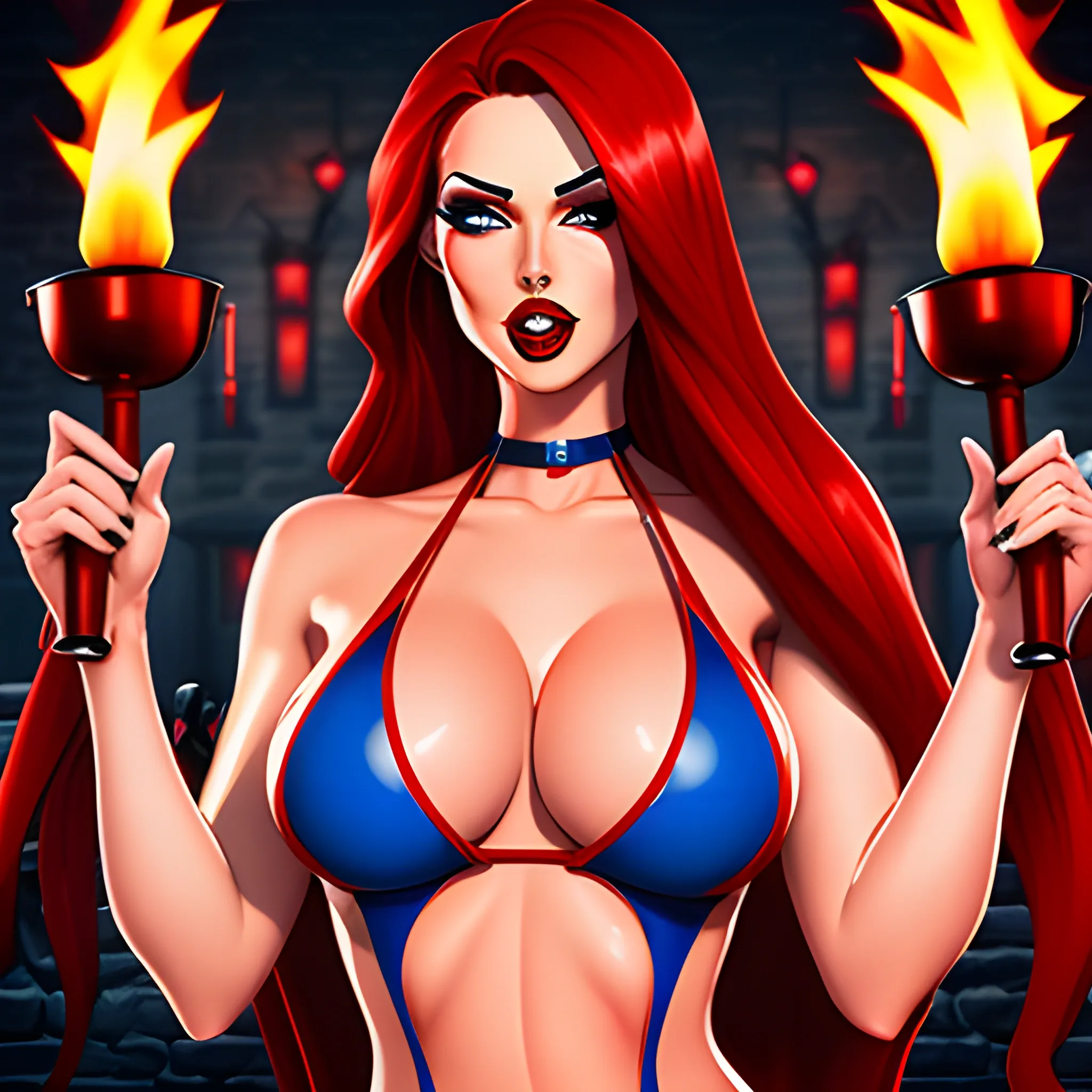 photorealistic, 2 young ladies, Long hair in dark red, Beautiful eyes as blue as the sky, Sexy mouth in a red like cherries, Bathing suit of latex in red and black, Whole body visible, Breasts naked and visible, In the background a dark dungeon with burning torches on the wall, maximum details, Cartoon