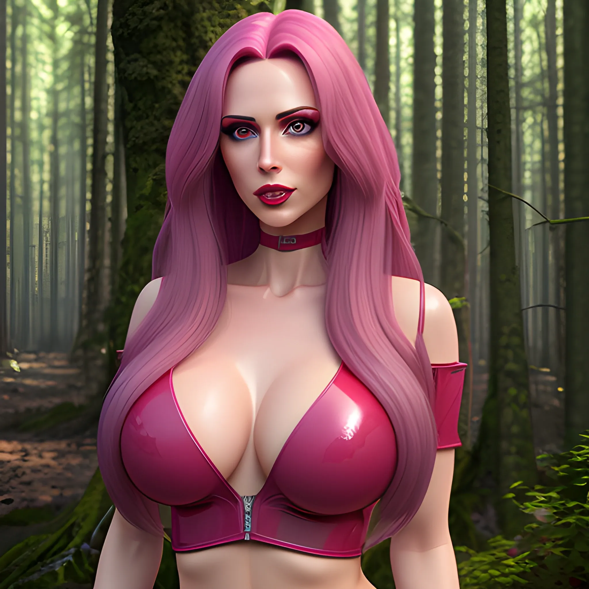 Photorealistic, teenage girl, Long hair in pink, Beautiful eyes in green, Nice mouth in a red, Latex body in purple, Whole body visible, Breasts visible, In the background a forest with a forest lake in which red plants grow, maximum details, 3D