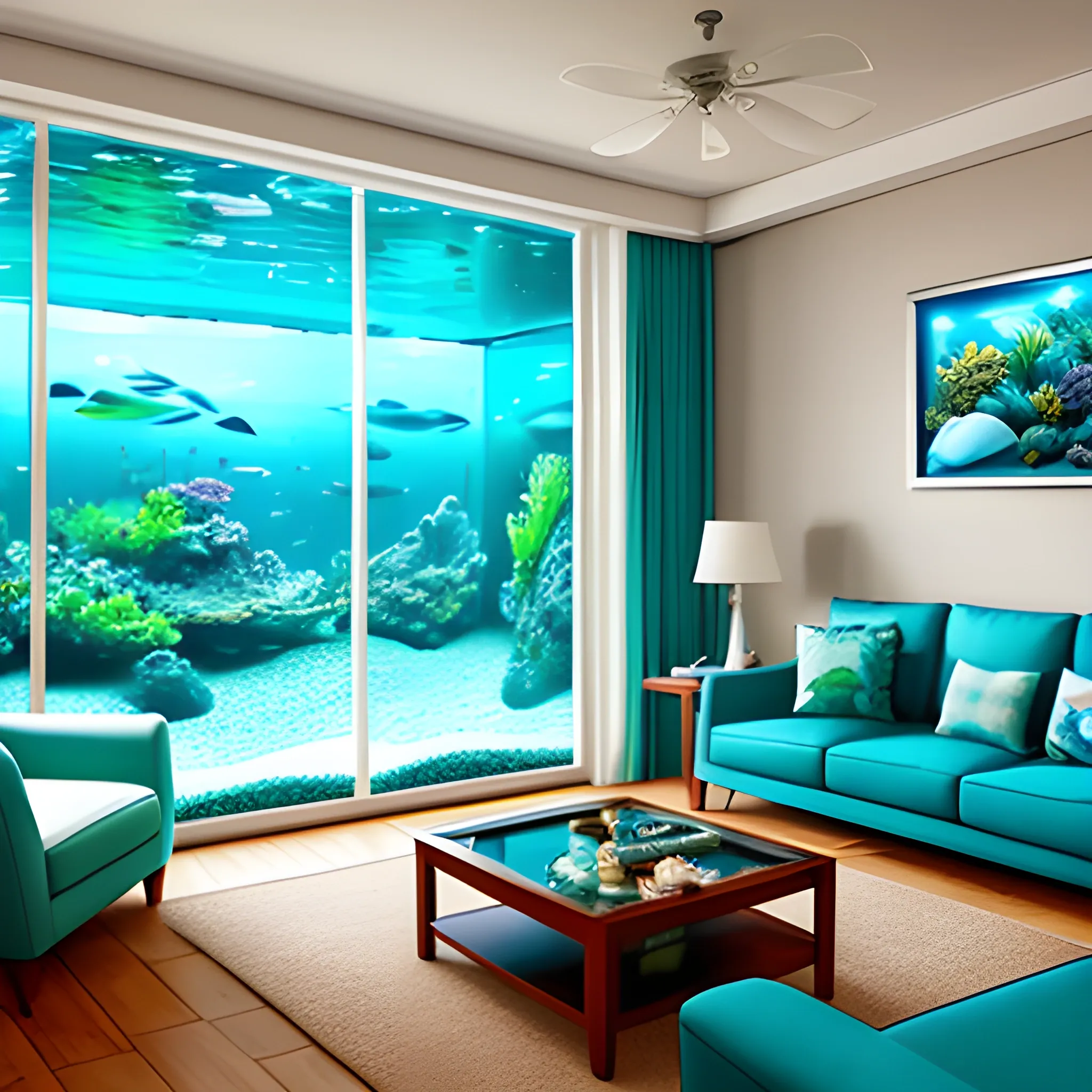 living room with aquarium and sea view
