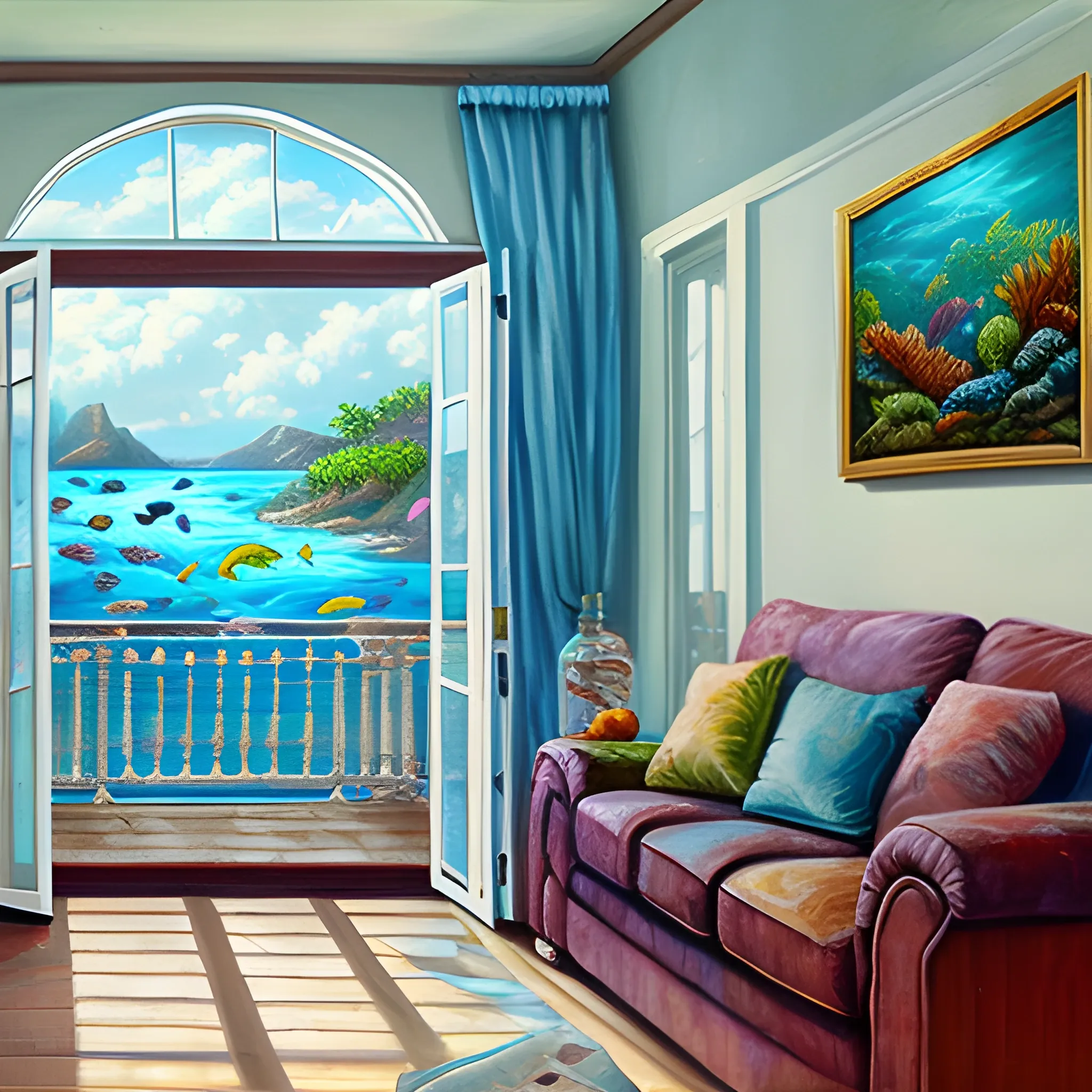 living room with aquarium and sea view
, Oil Painting