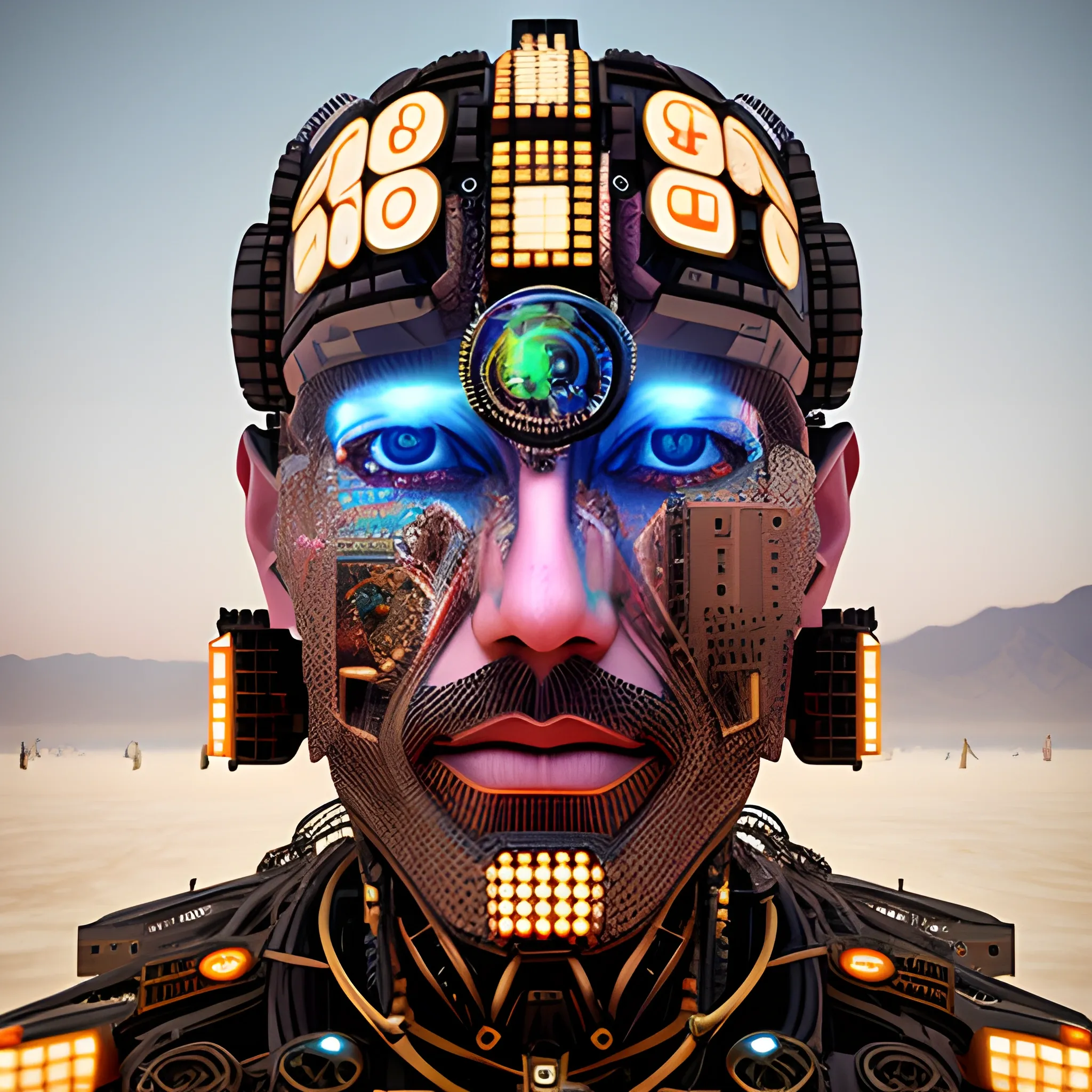 burningman scene with portrait of a ai man machine head merge , 3D, Trippy