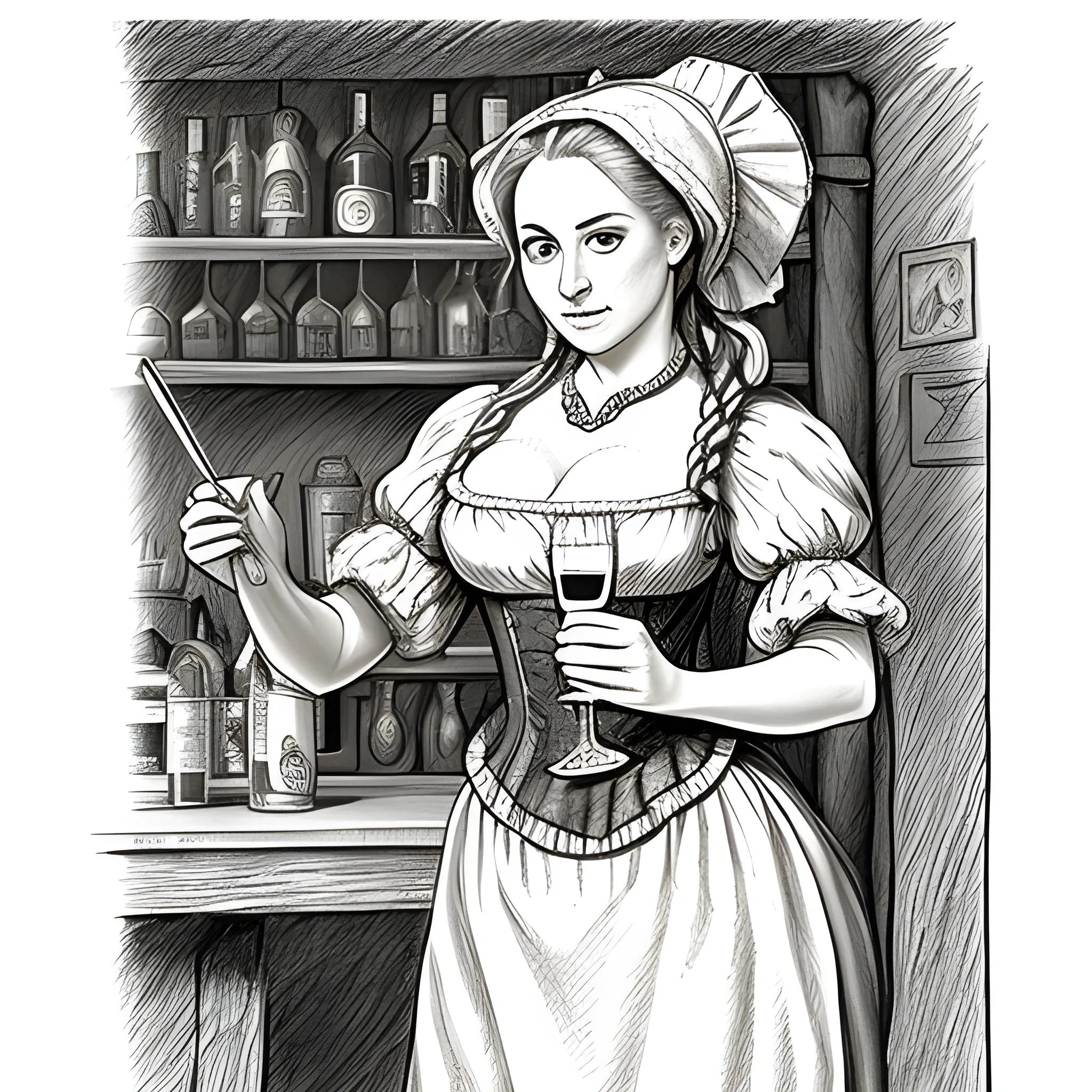 , Pencil Sketch tavern wench offering ale