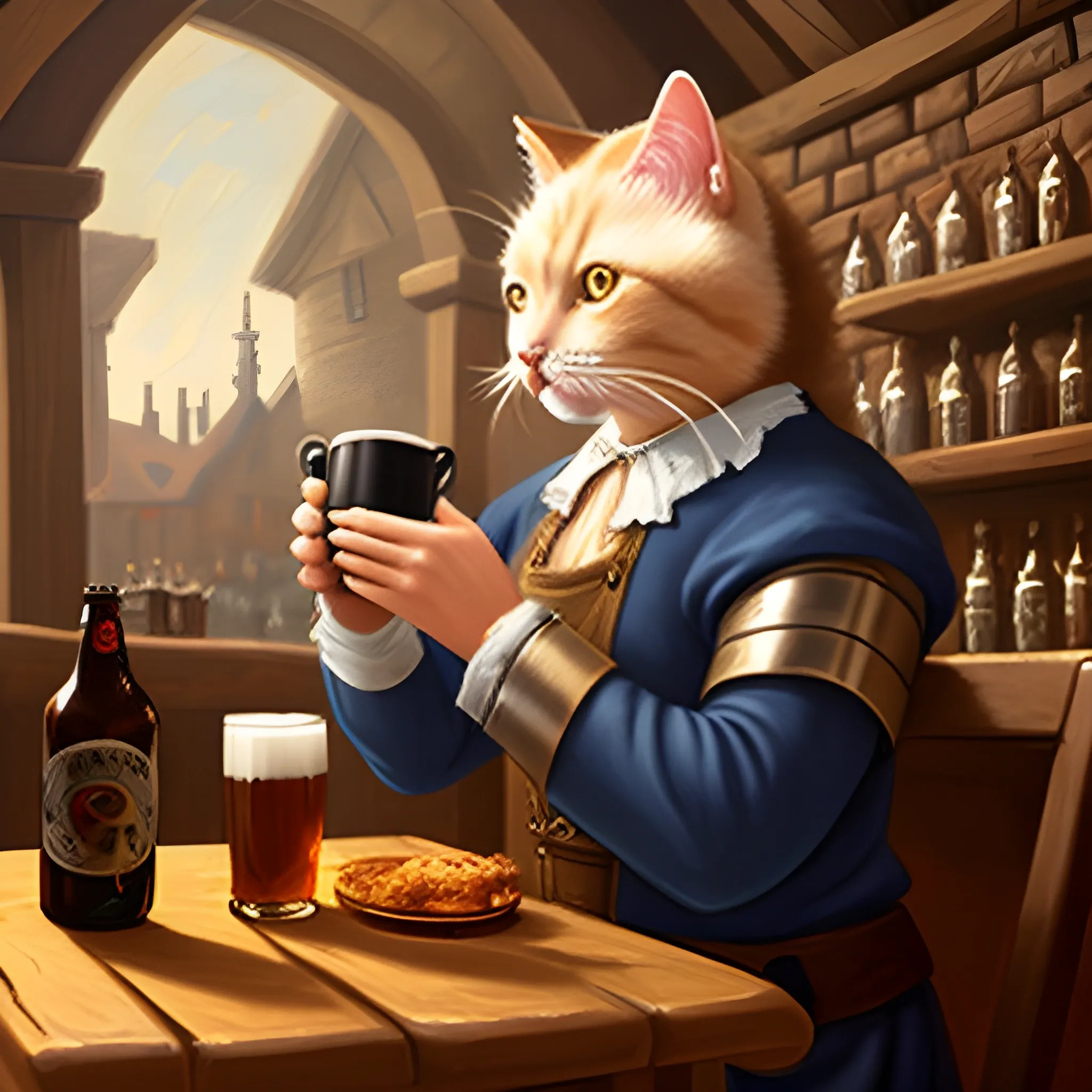 Cat person offering mug of ale in a tavern,  Oil Painting,, 3D