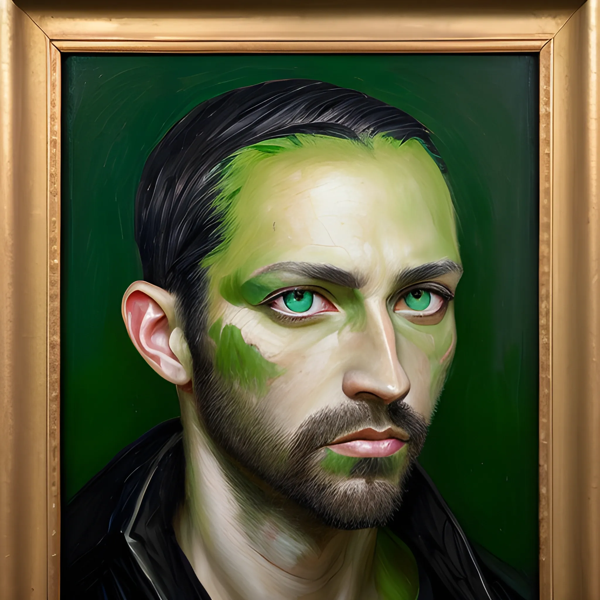 Men tansgender, 33 years old, black head, green eyes, Oil Painting, 