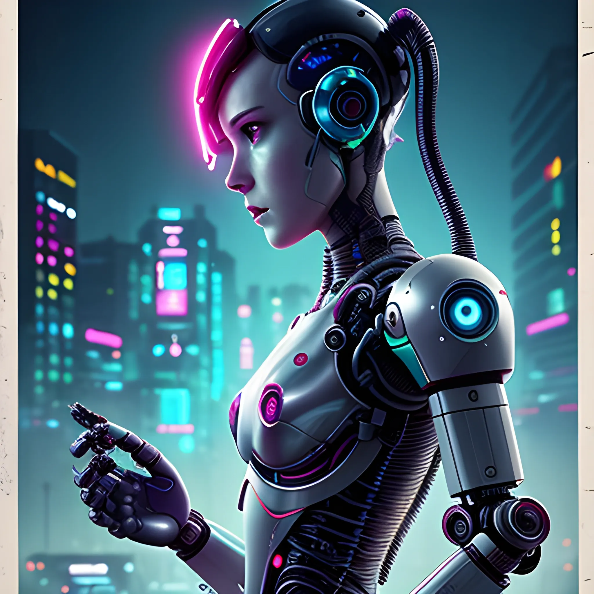 movie poster about robot love with cyberpunk esthetic, a single female protagonist character connected with cables and a human heart