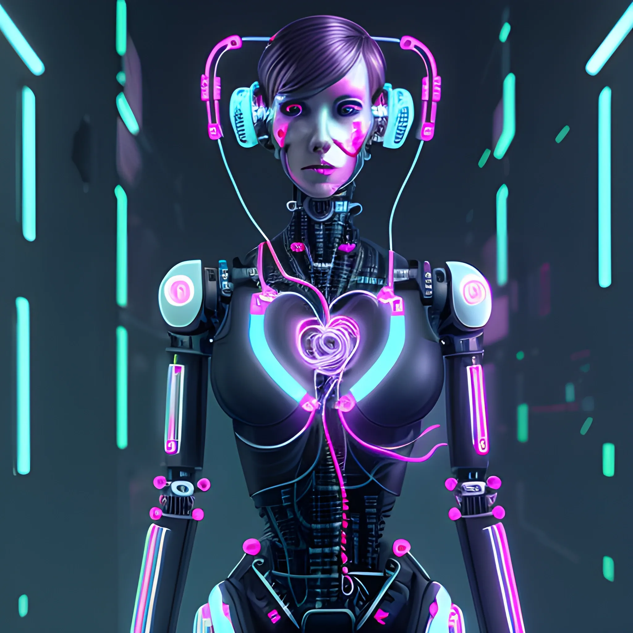 female robot  full body connected with cables and a human heart cyberpunk style