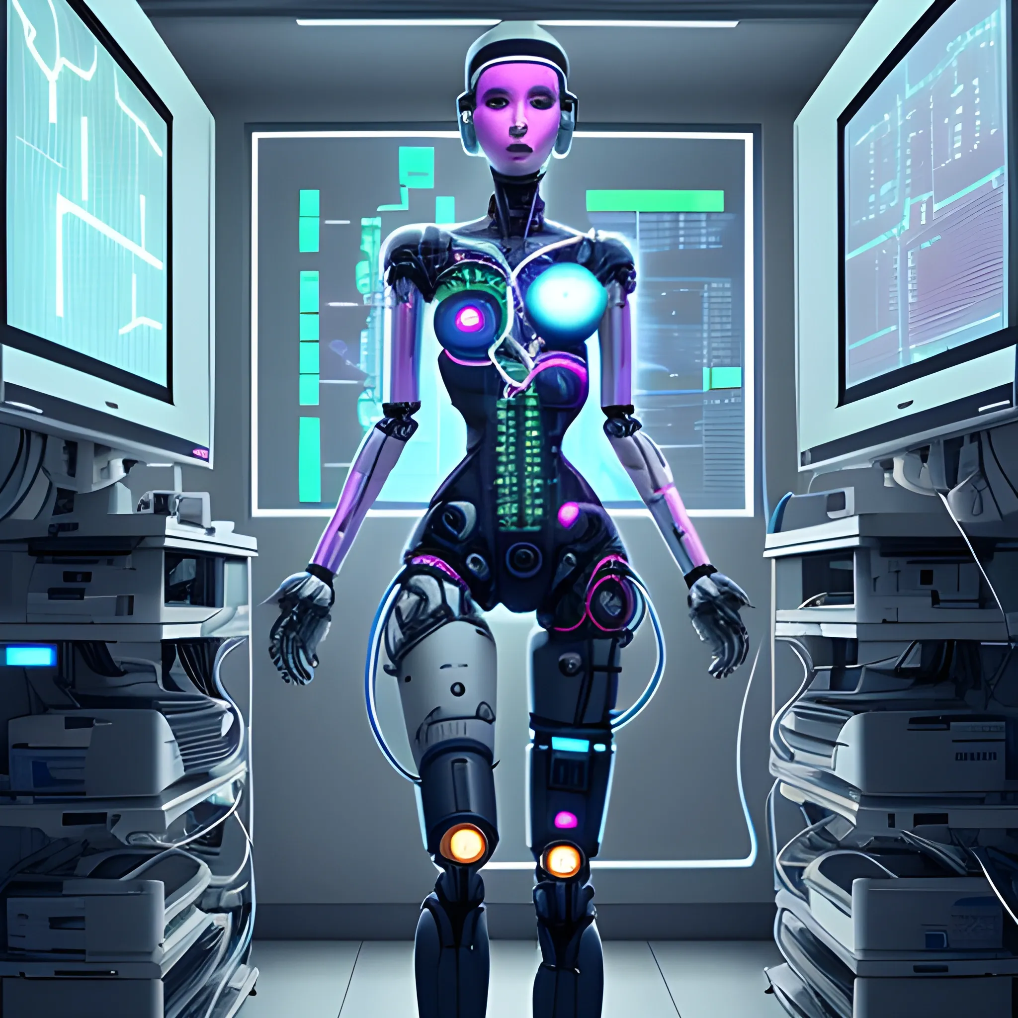 female robot  full body, connected with cables in a surgery room and a human heart, cyberpunk style