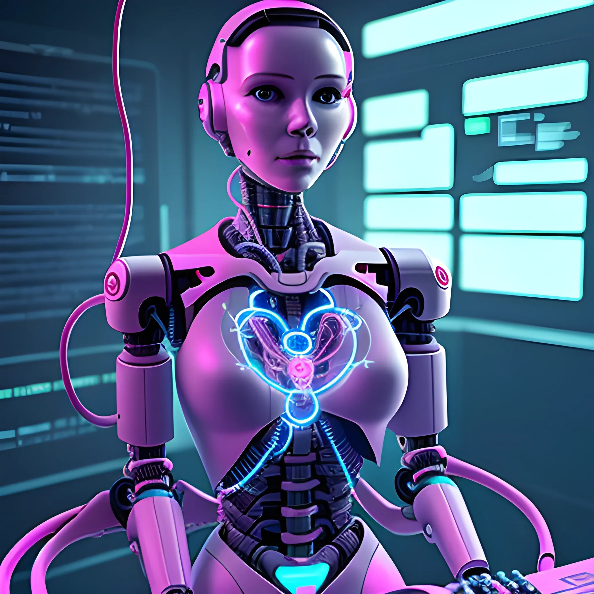 female robot  full body, connected with cables on a surgery table and a human heart, cyberpunk style