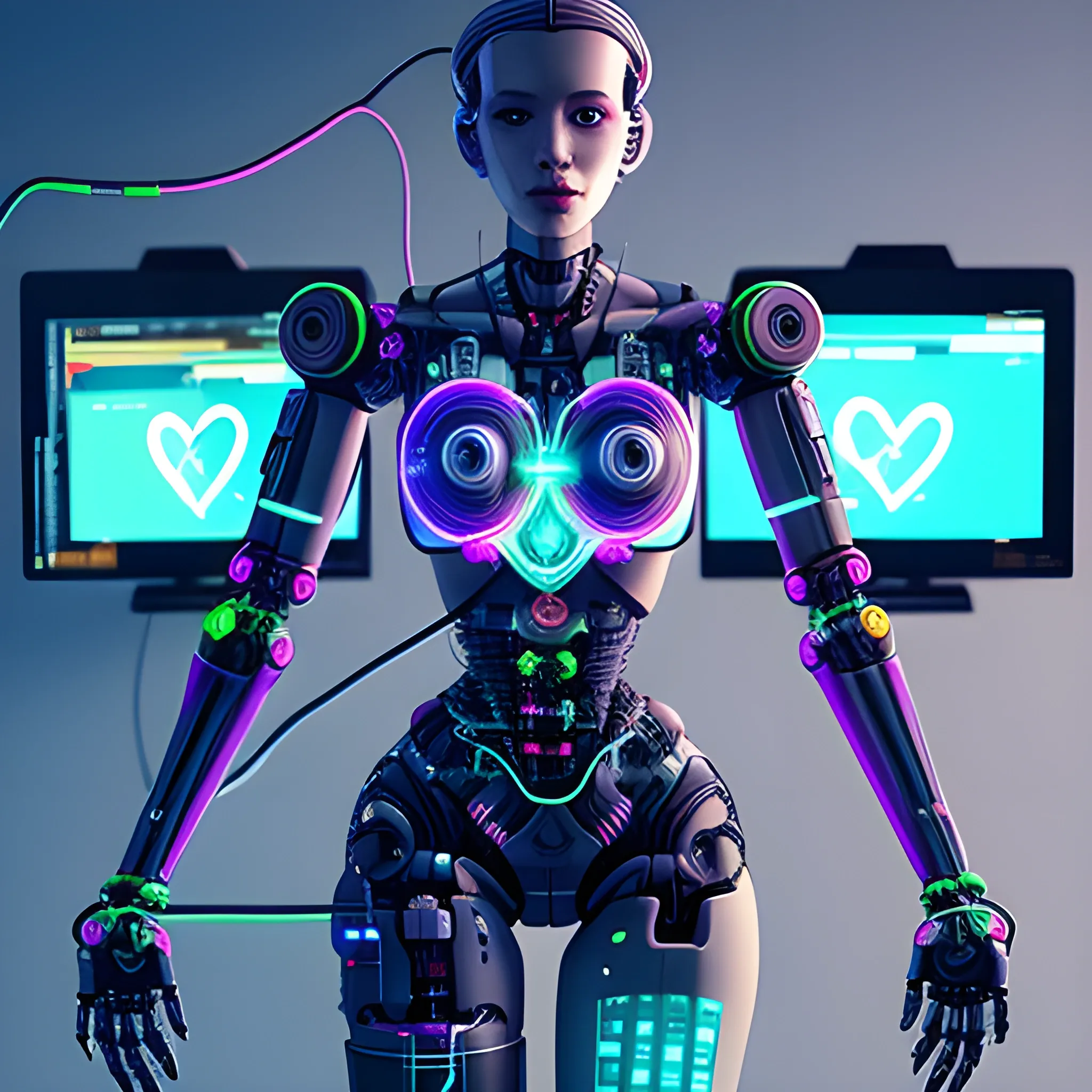 female robot  full body, connected with cables lying on a surgery table and a human heart, cyberpunk style