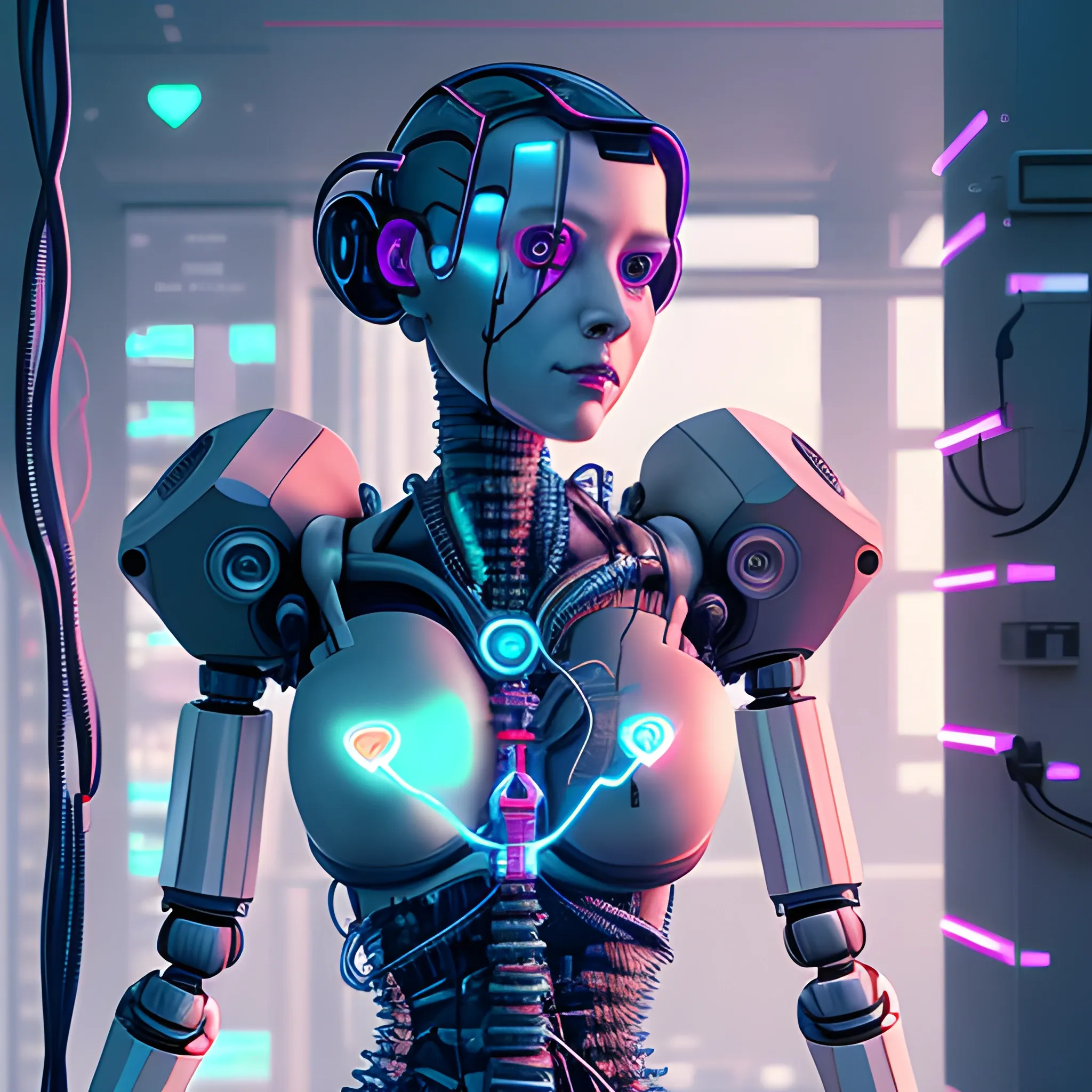 female robot  full body, connected with cables lying down on a surgery and a human heart, cyberpunk style