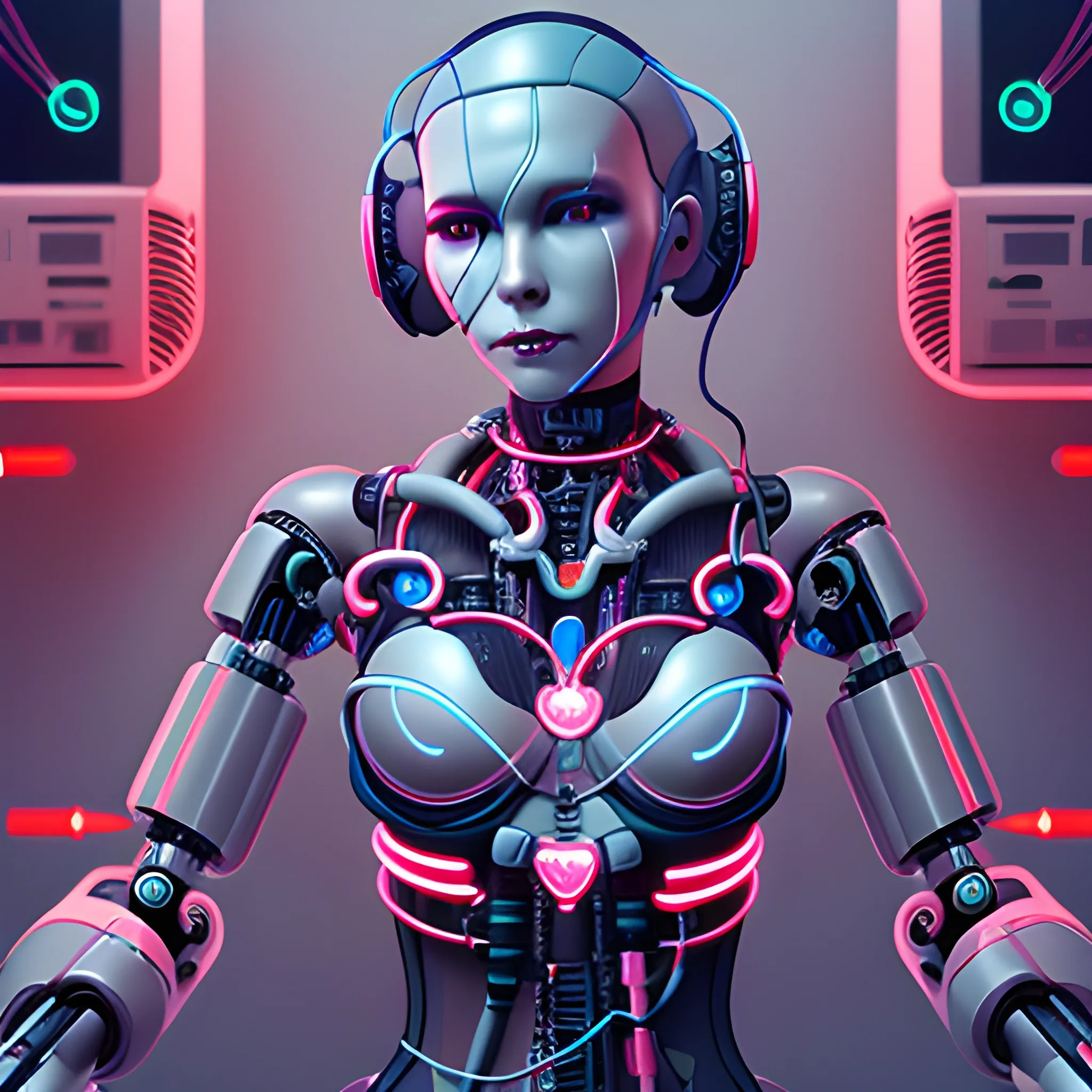 female robot  full body, connected with cables lying down on a surgery and a human heart, cyberpunk style ASYMMETRICAL
